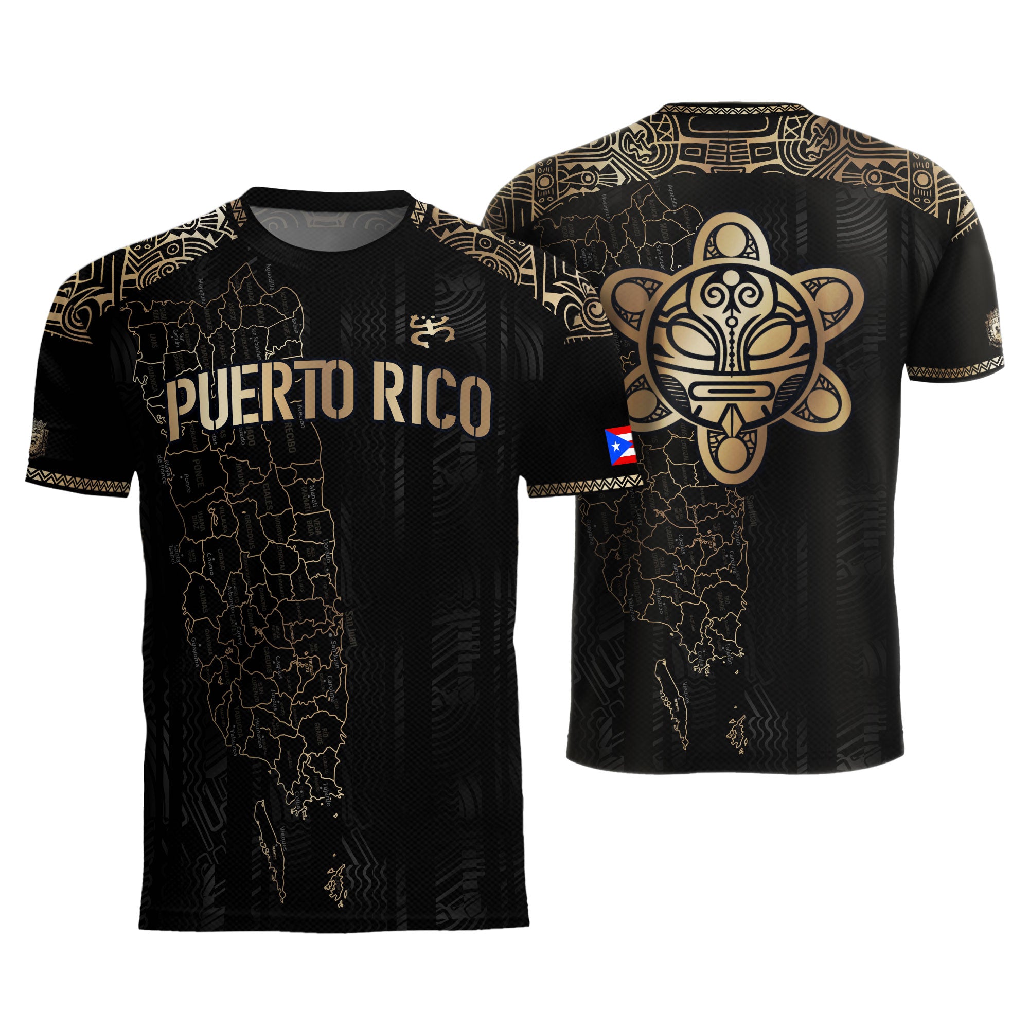 Camiseta de fútbol con el símbolo del mapa tribal boricua negro y dorado de Puerto Rico, herencia nacional