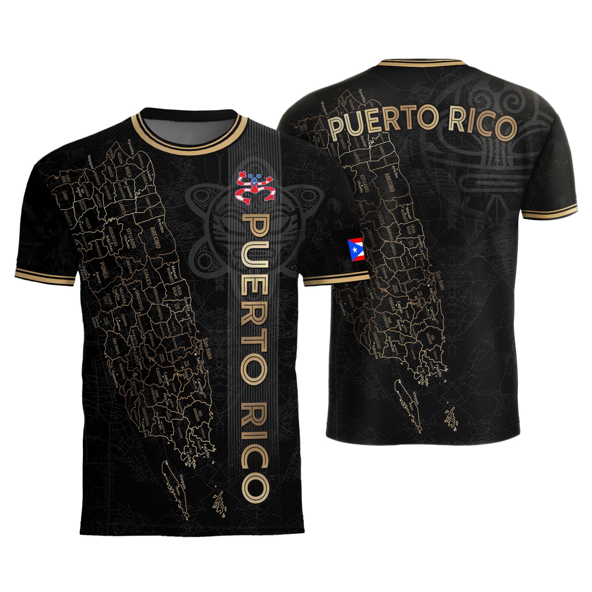 Camiseta nacional de fútbol con símbolos tribales boricuas y taínos de Puerto Rico en oro negro