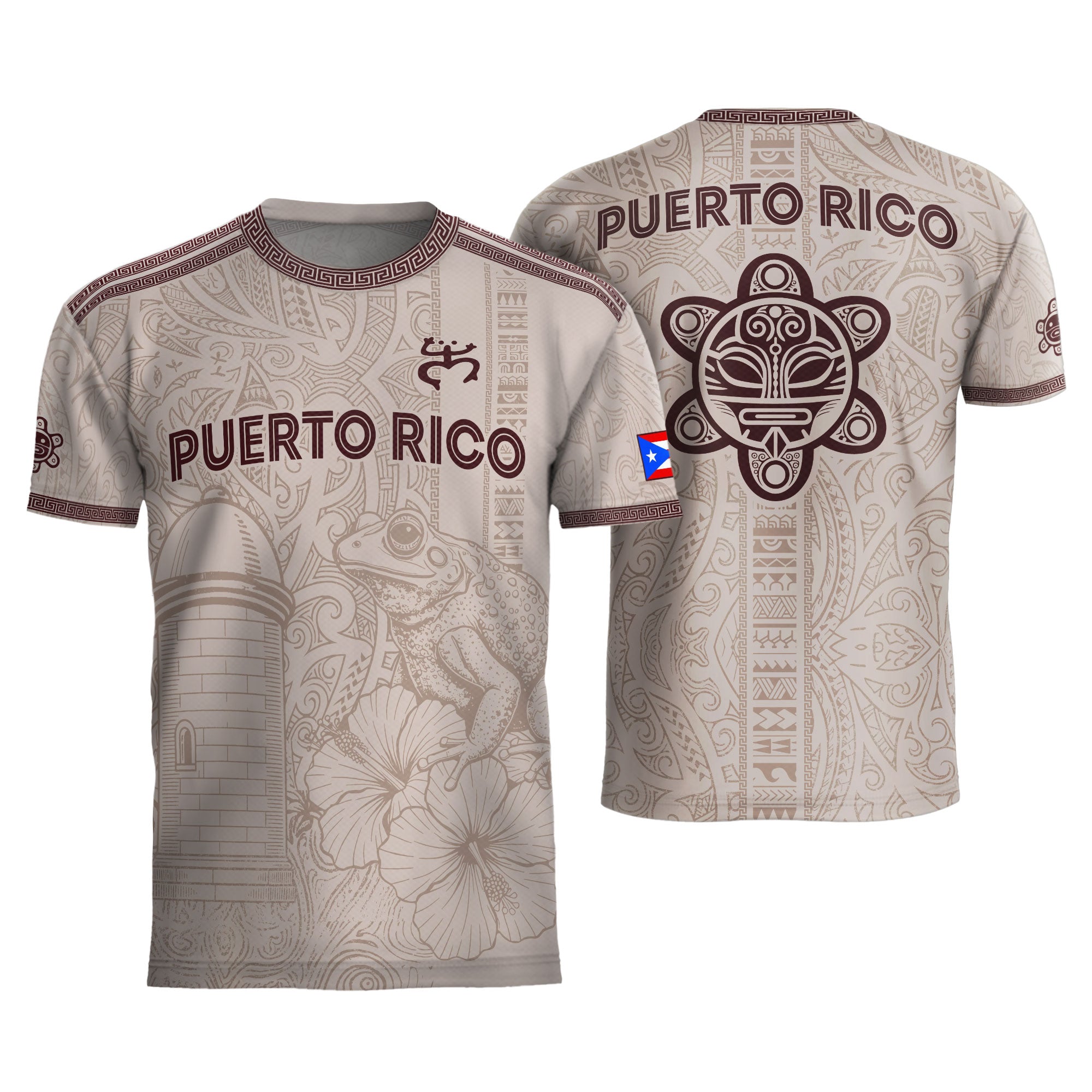 Camiseta de fútbol de Puerto Rico con símbolo tribal blanco burdeos y herencia nacional