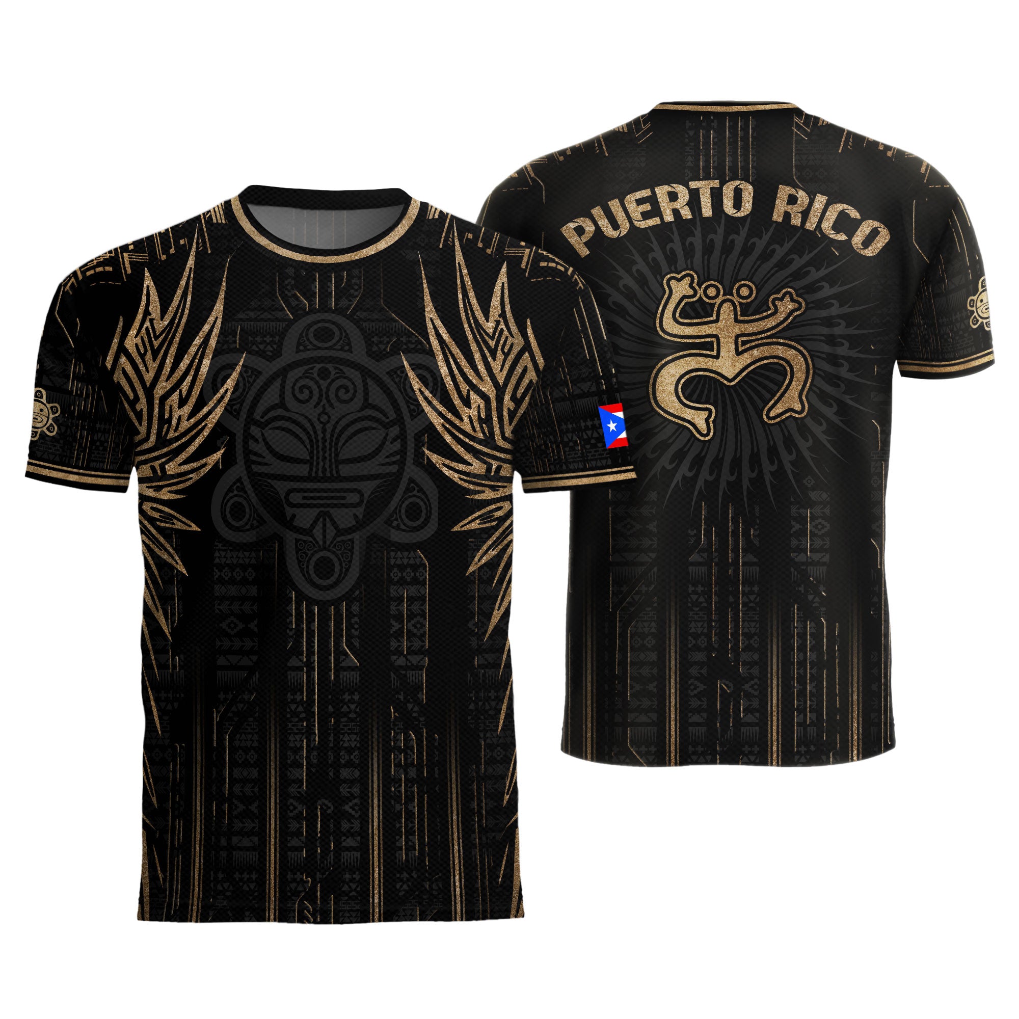 Camiseta de fútbol de la herencia nacional del guerrero tribal negro y dorado de Puerto Rico