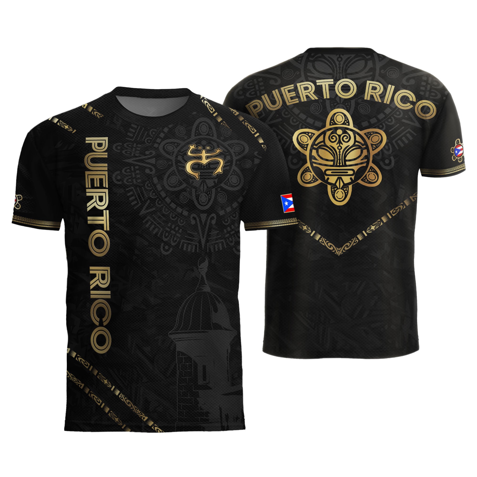 Camiseta de fútbol boricua de la herencia nacional del Sol Taino de la Rana Coquí Negra Dorada de Puerto Rico