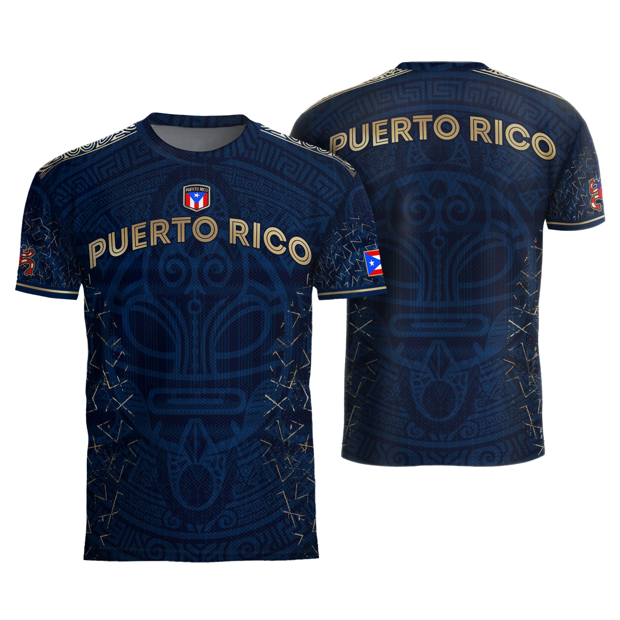 Camiseta de fútbol boricua de la herencia nacional con símbolo taíno azul real y dorado de Puerto Rico