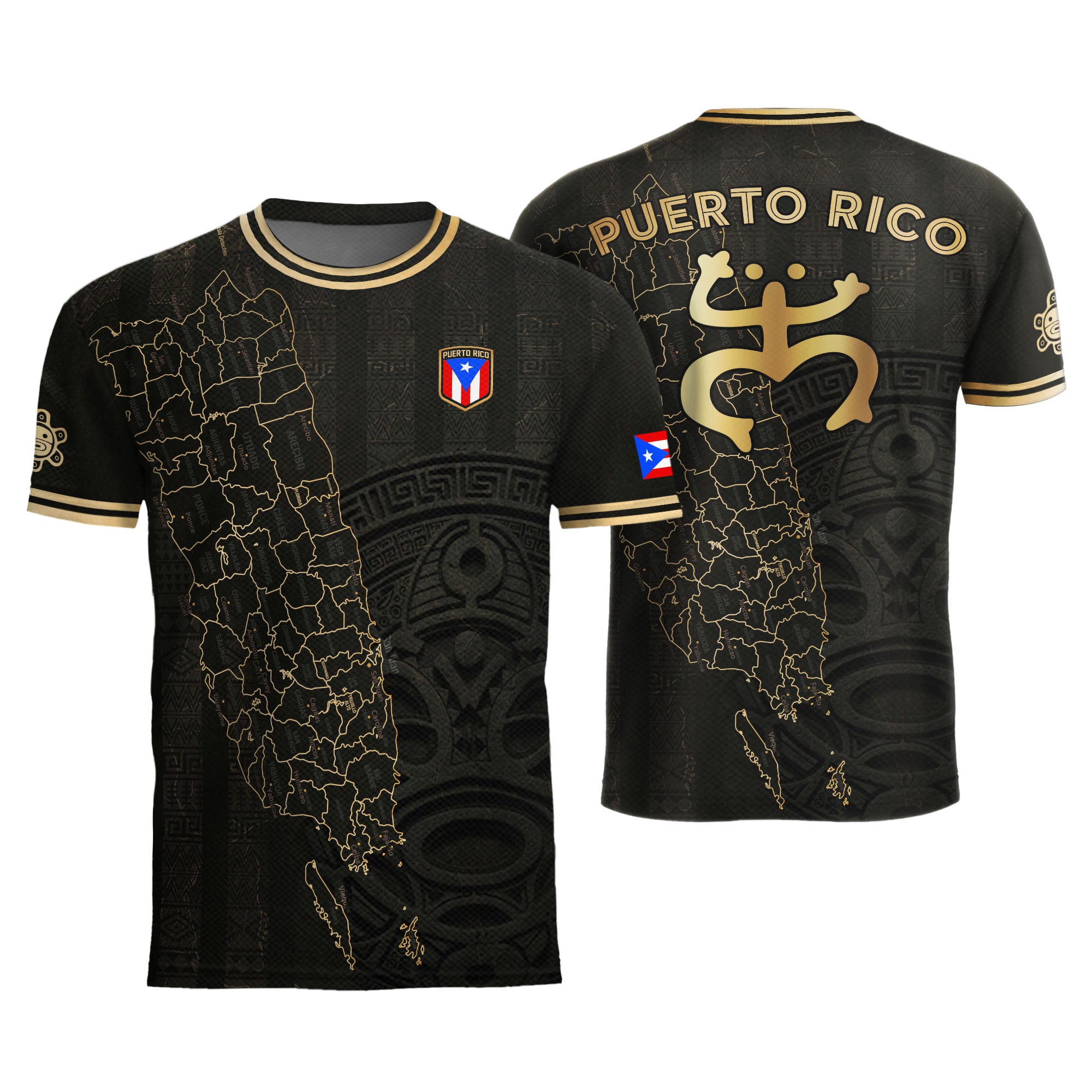 Camiseta de fútbol boricua del Patrimonio Nacional del Sol Taino con el Mapa de la Isla Dorada Negra de Puerto Rico