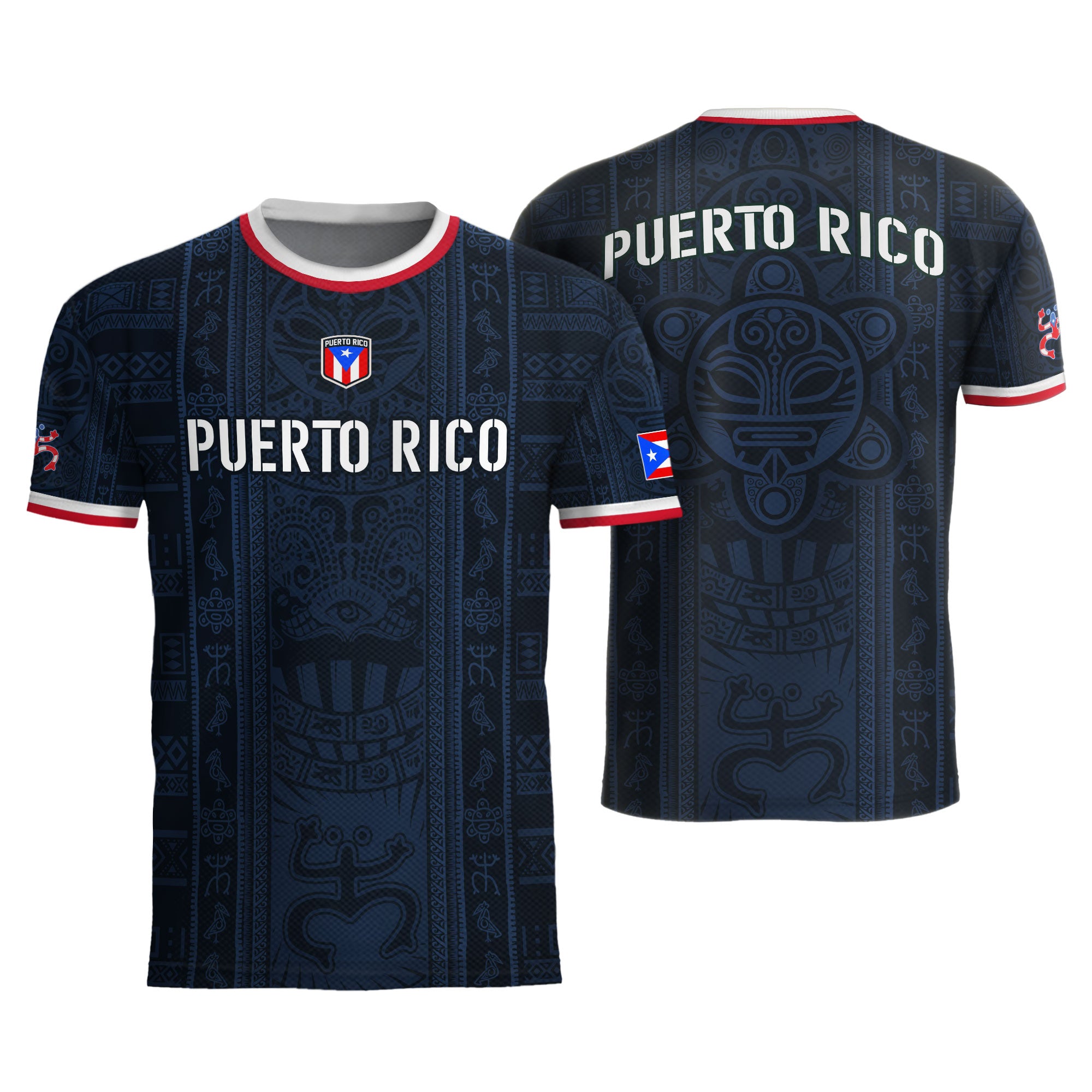 Camiseta de fútbol boricua de herencia nacional con patrón de símbolo taíno azul marino de Puerto Rico