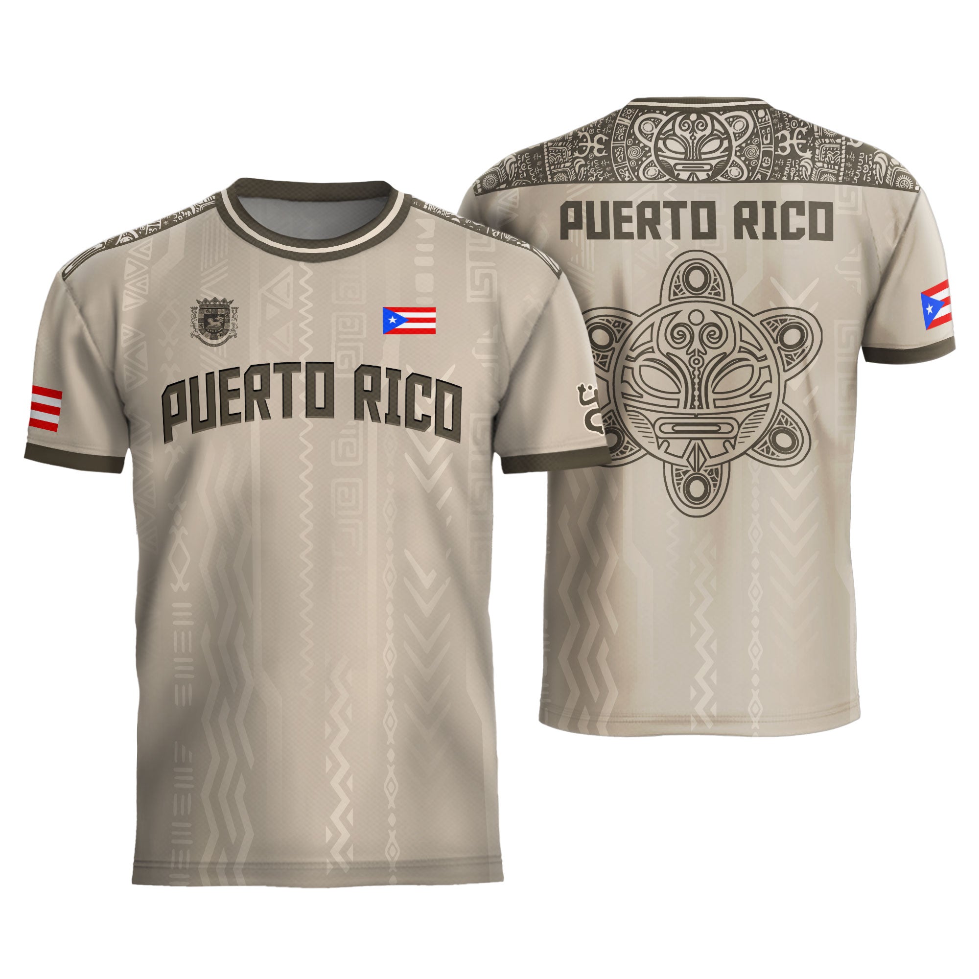 Puerto Rico Beige Arena Boricua Taino Sol Coqui Tribal Ancestral Tradición Deporte Fútbol Jersey