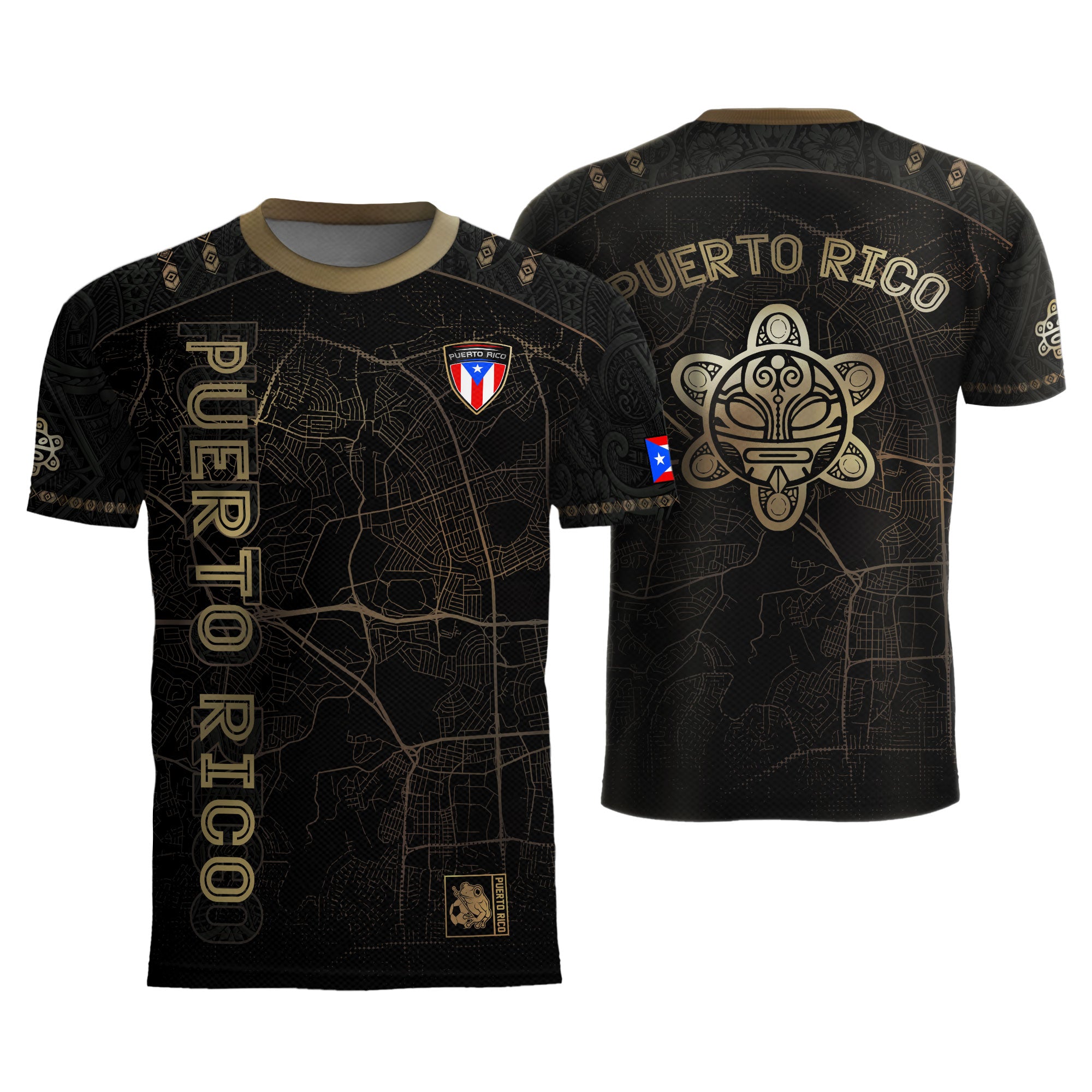 Camiseta de fútbol boricua del Patrimonio Nacional del Sol Taino con mapa de calles de Puerto Rico en negro y dorado