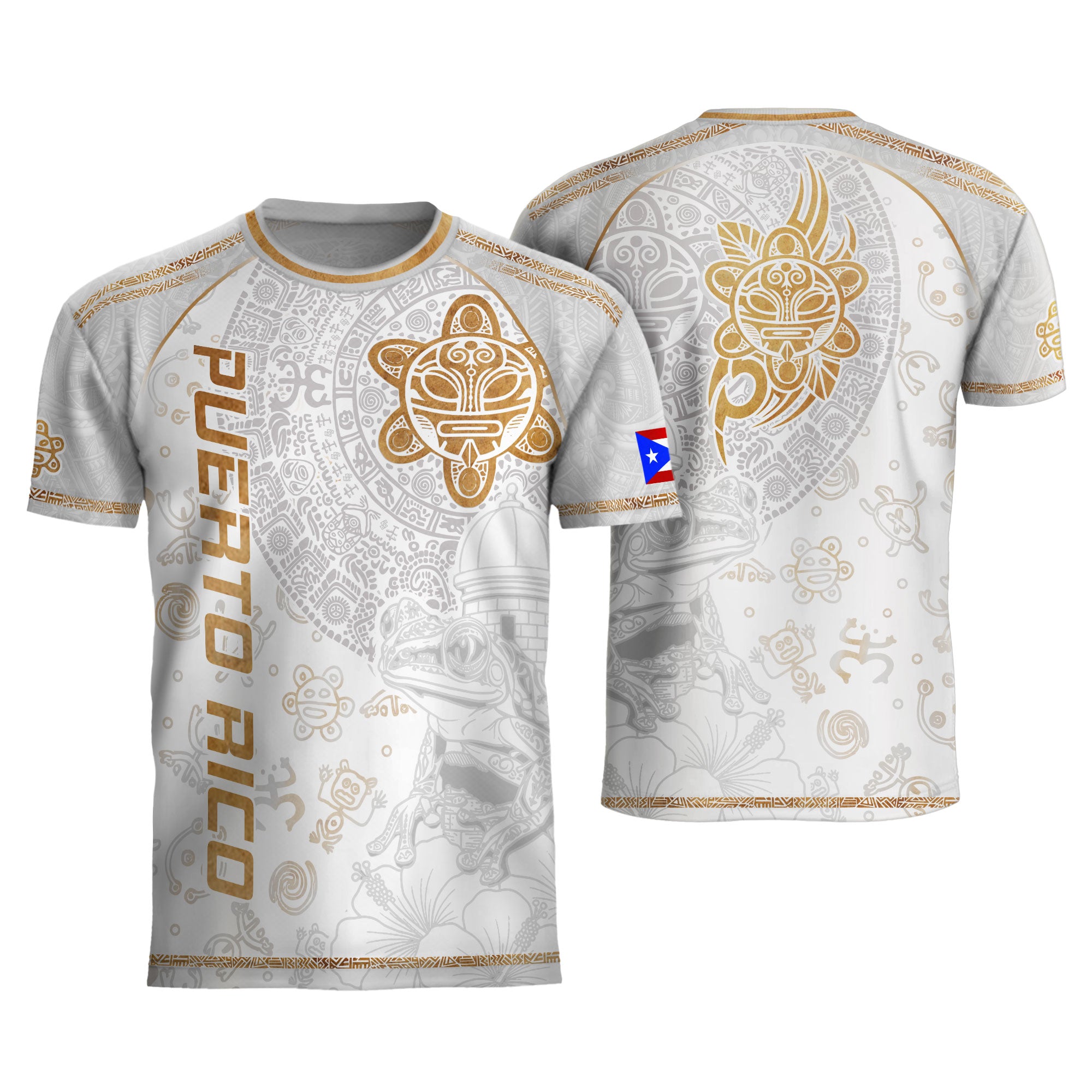 Camiseta de fútbol de la herencia nacional del sol taíno de Puerto Rico, rana coquí dorada blanca