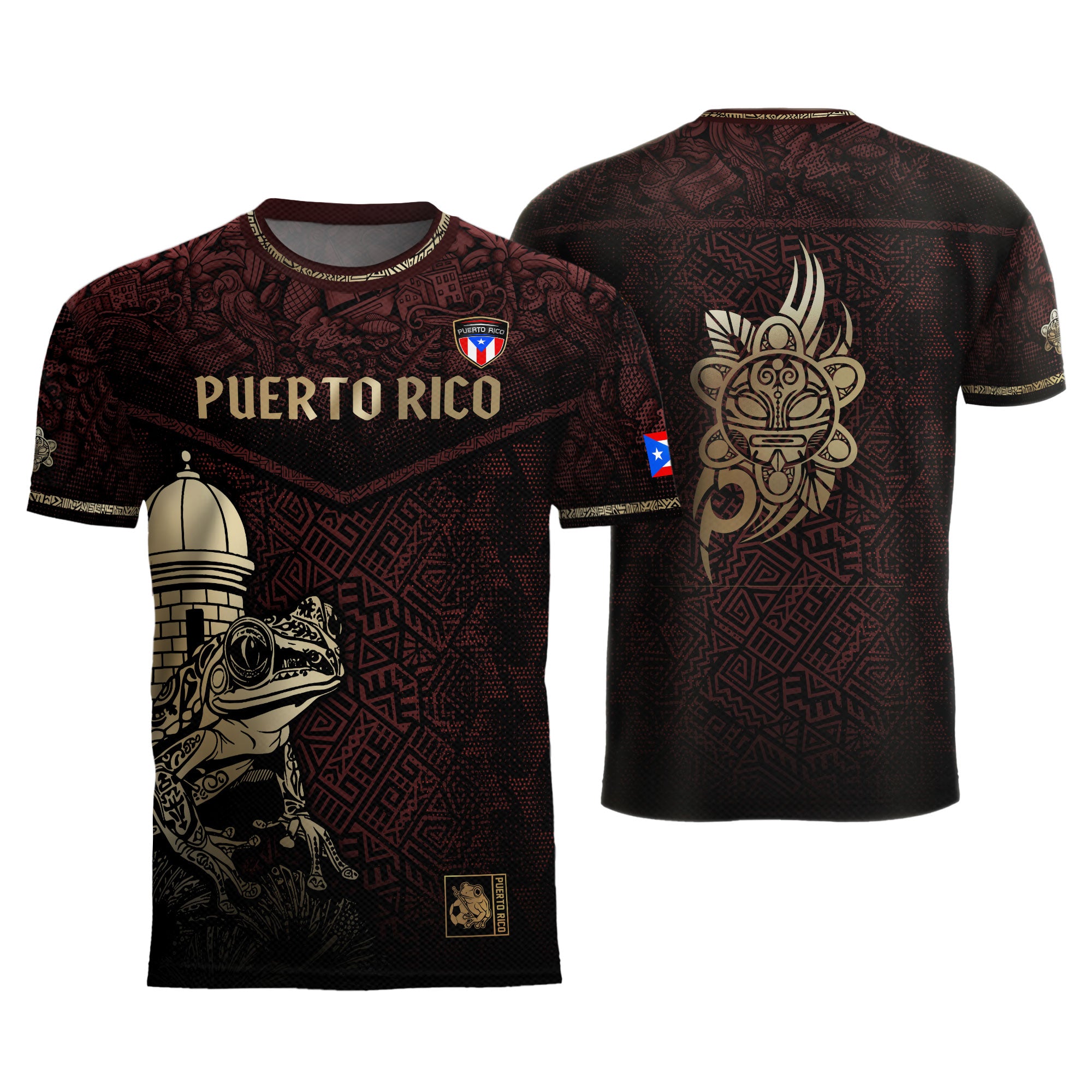 Puerto Rico Maroon Gold Coqui Frog Garita Taino Sun National Heritage Soccer Jersey