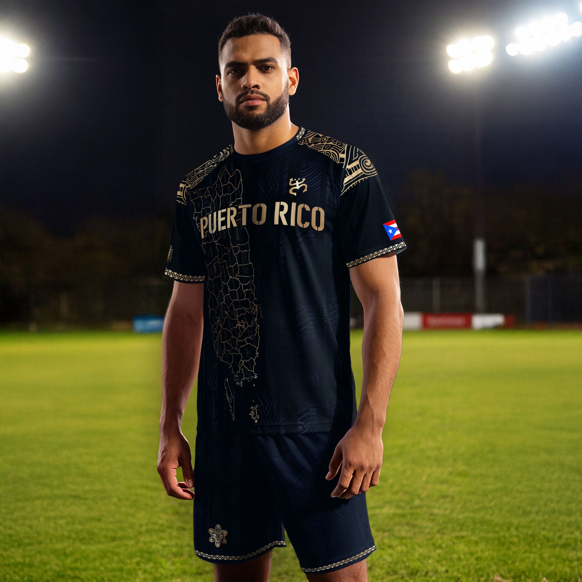 Camiseta de fútbol con máscara taína boricua azul marino de Puerto Rico, bandera tribal, orgullo nacional