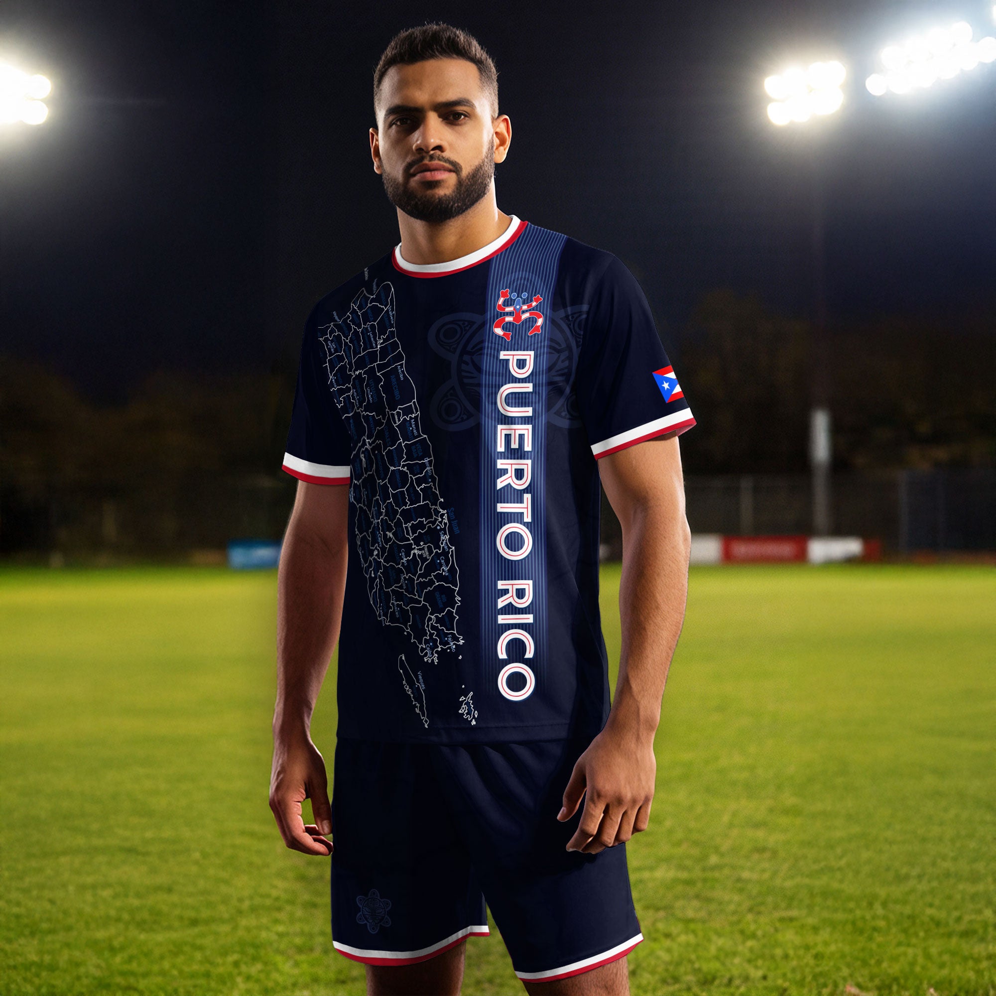 Puerto Rico Boricua Azul Marino Coqui Taino Tribal Mapa Orgullo Nacional Camiseta de Fútbol