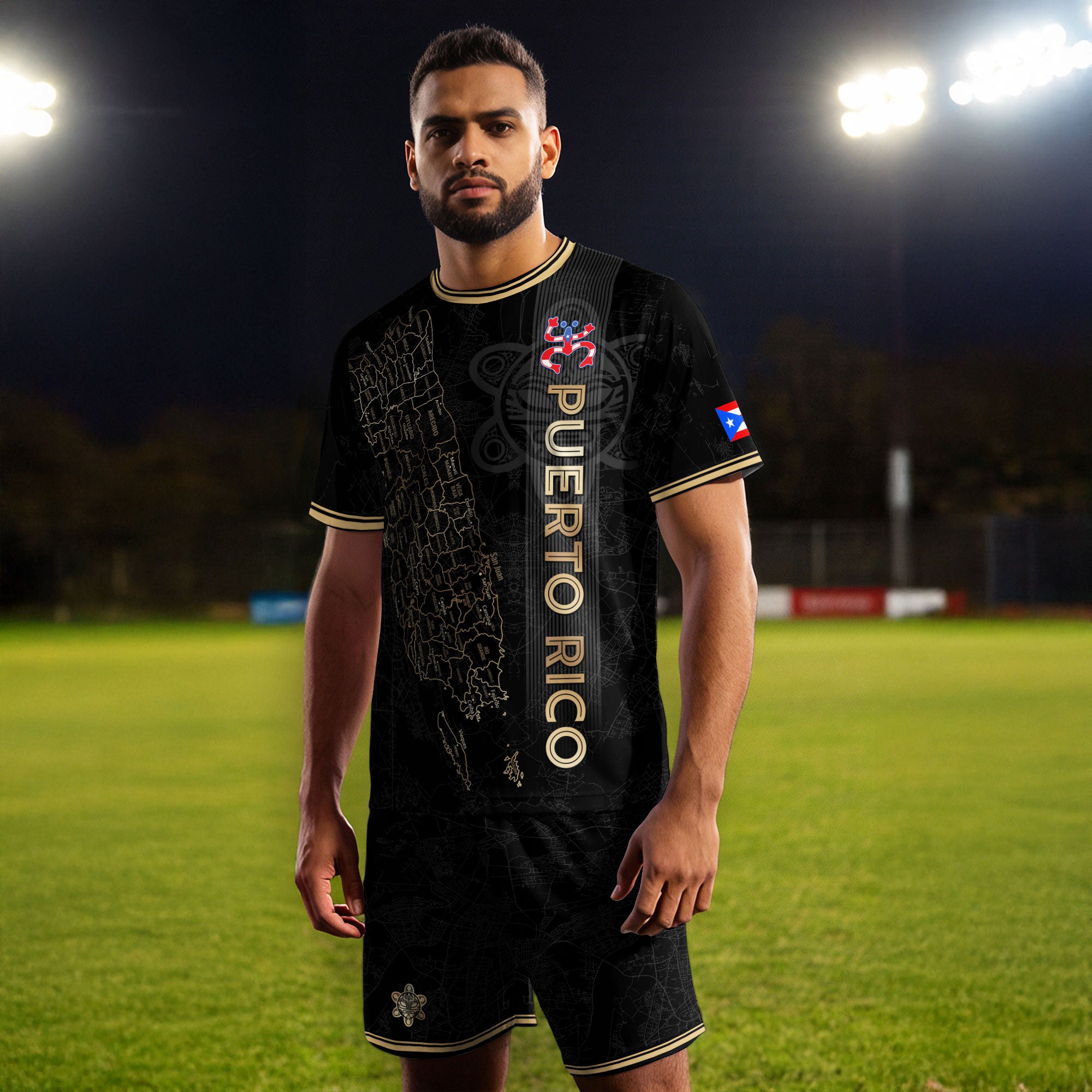 Camiseta nacional de fútbol con símbolos tribales boricuas y taínos de Puerto Rico en oro negro