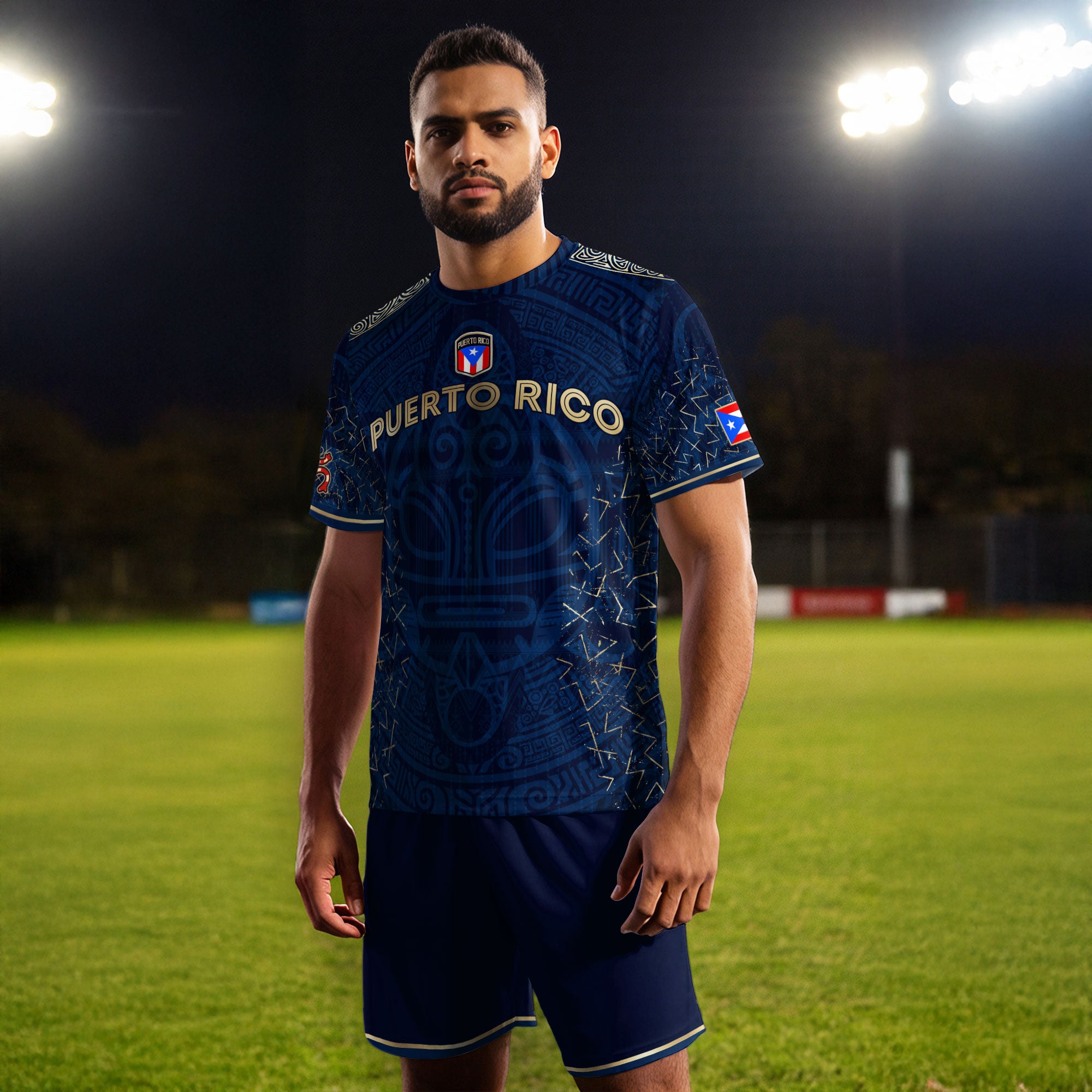Camiseta de fútbol boricua de la herencia nacional con símbolo taíno azul real y dorado de Puerto Rico