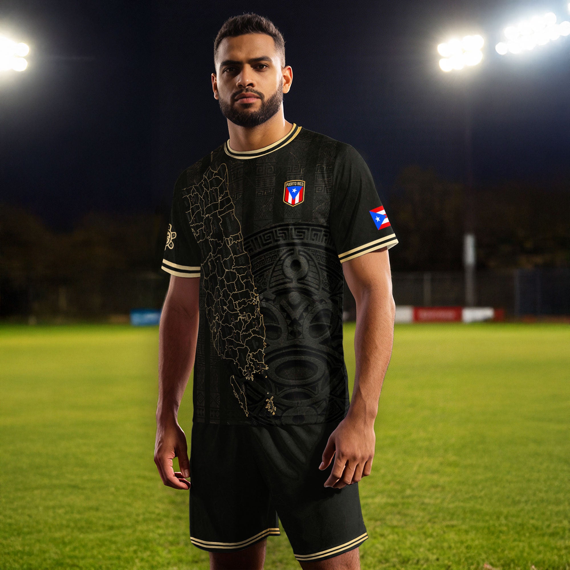 Camiseta de fútbol boricua del Patrimonio Nacional del Sol Taino con el Mapa de la Isla Dorada Negra de Puerto Rico