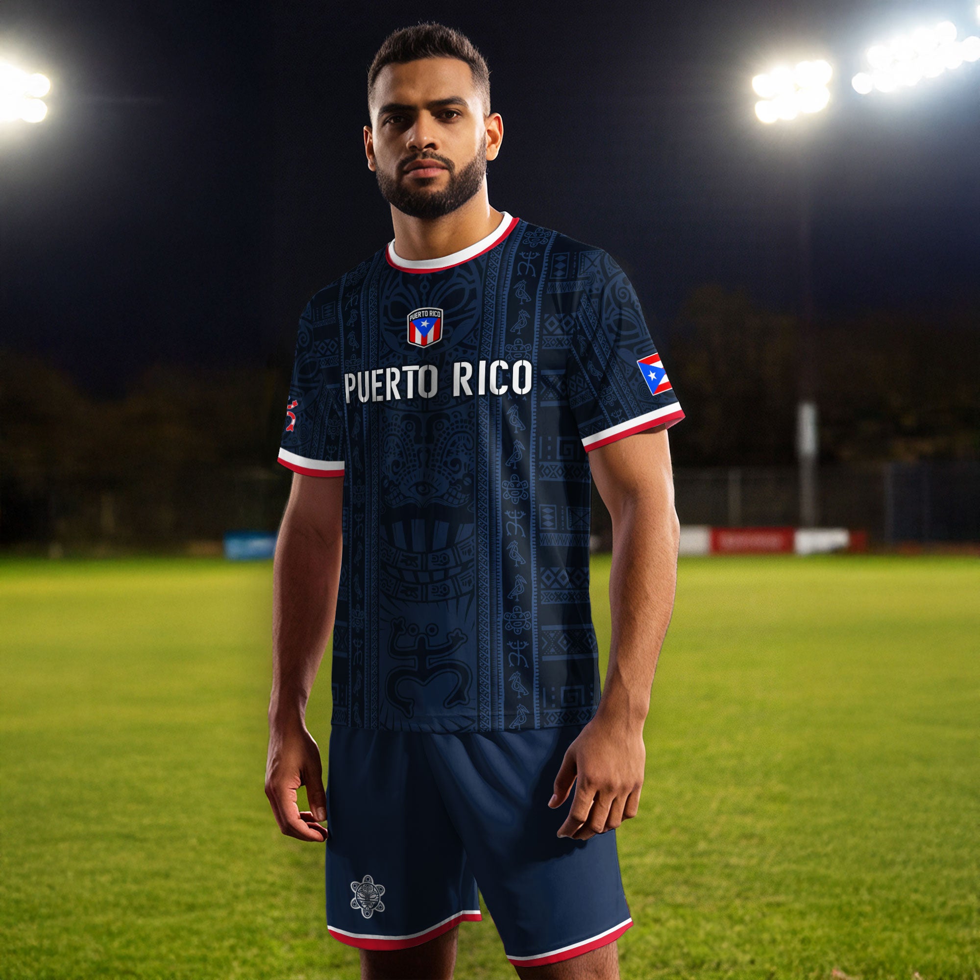 Camiseta de fútbol boricua de herencia nacional con patrón de símbolo taíno azul marino de Puerto Rico
