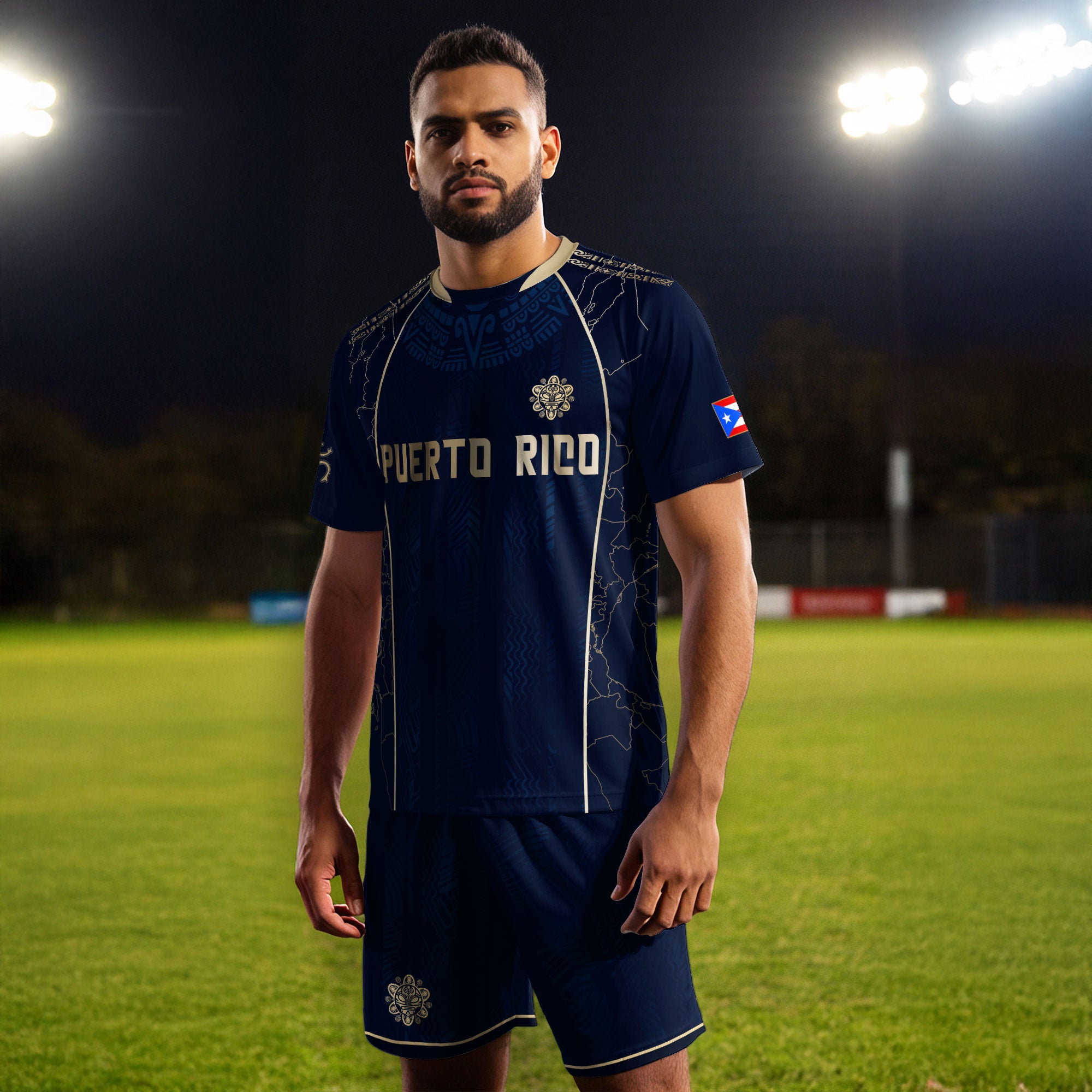 Puerto Rico Navy Gold Outline Map Taino Sun National Heritage Boricua Soccer Jersey