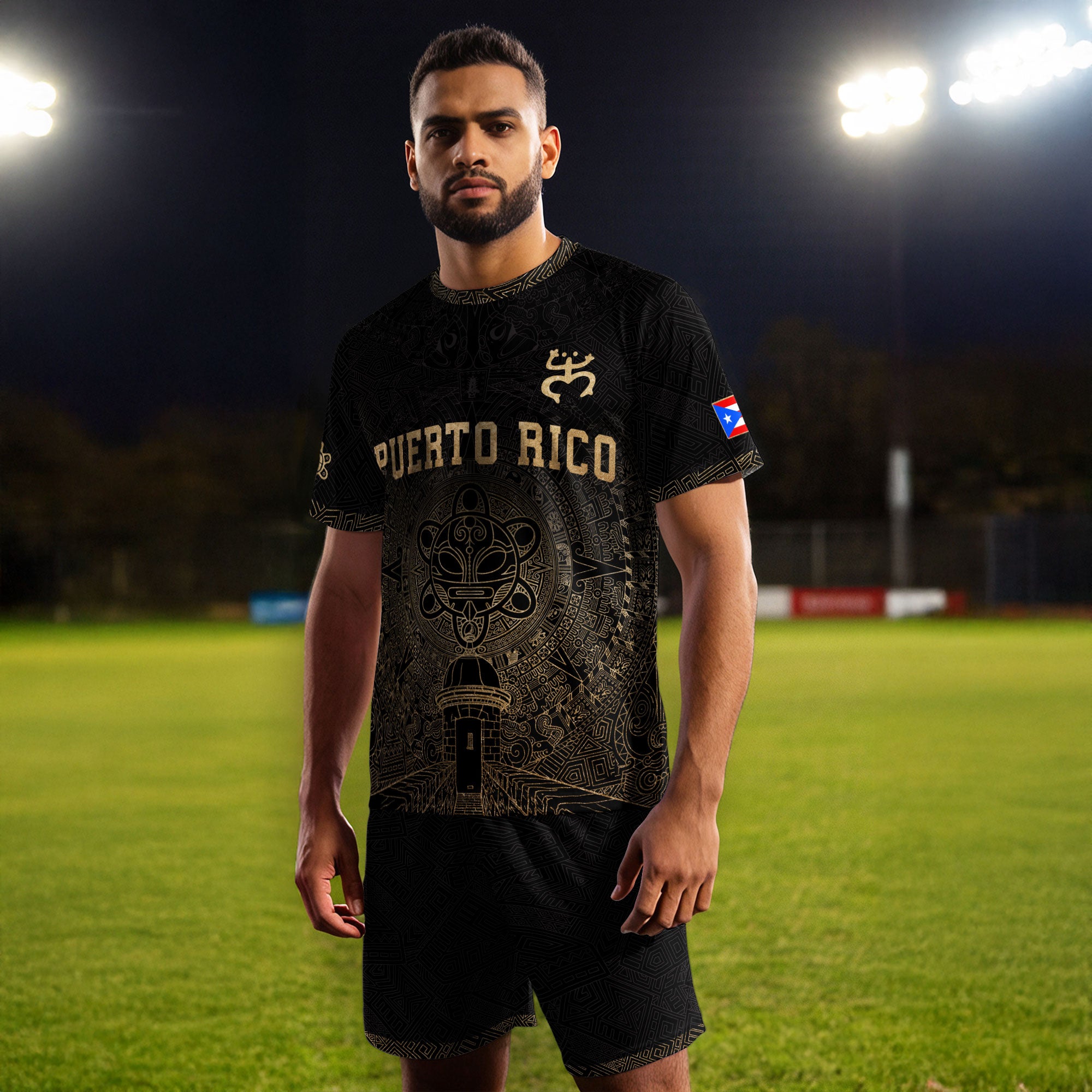 Puerto Rico Black Gold Coqui Frog Garita Taino Sun National Heritage Soccer Jersey