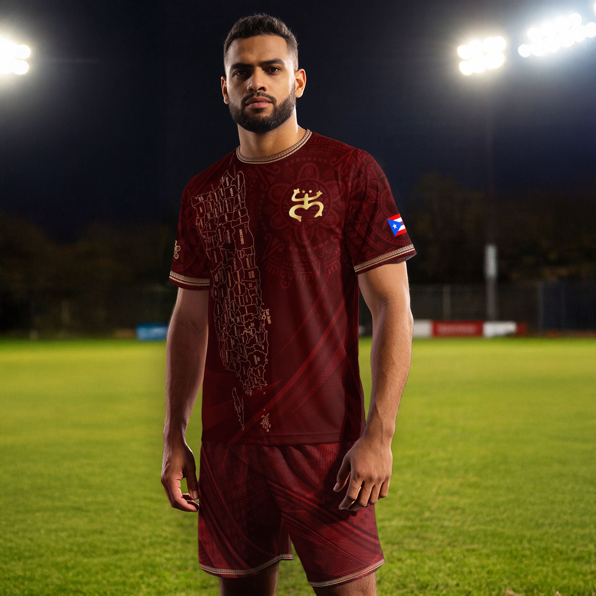 Camiseta de fútbol con máscara taína boricua azul marino de Puerto Rico, bandera tribal, orgullo nacional