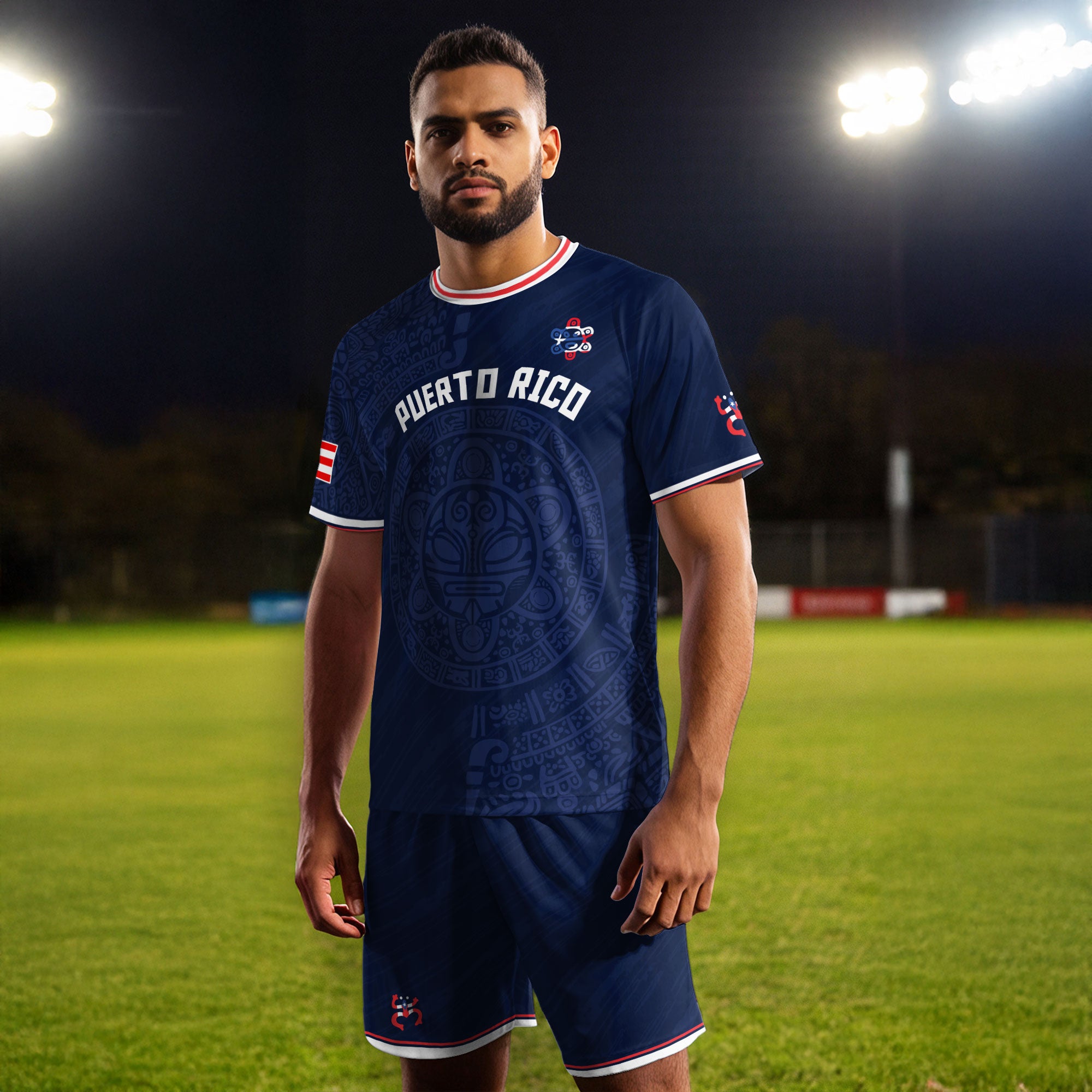 Puerto Rico Navy Blue Taino Symbol Art National Heritage Boricua Pride Soccer Jersey