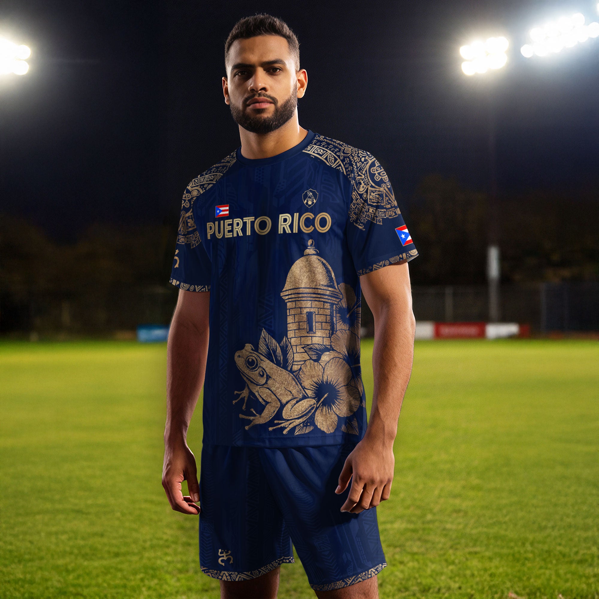 Puerto Rico Navy Gold Coqui Frog Garita Flower National Heritage Boricua Soccer Jersey
