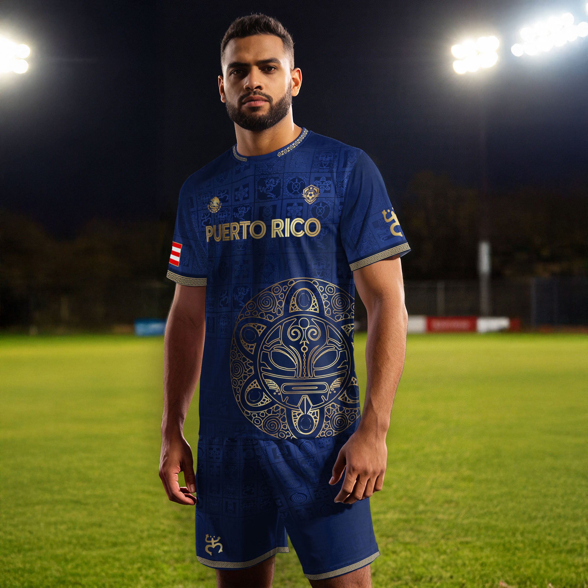 Camiseta de fútbol boricua con patrón de símbolo taíno dorado de la Marina de Puerto Rico