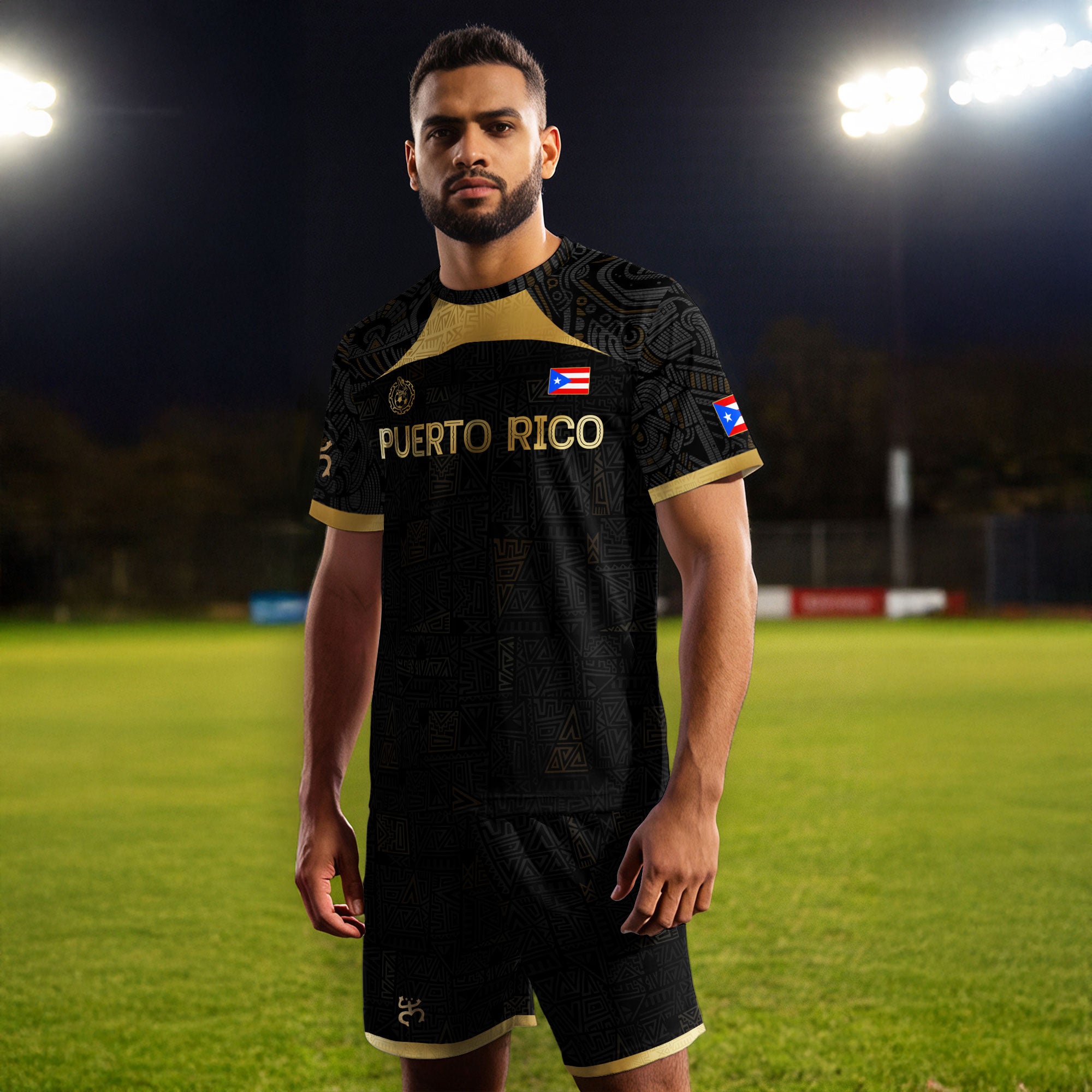Puerto Rico Black Gold Tribal Graphic Taino Sun National Heritage Soccer Jersey