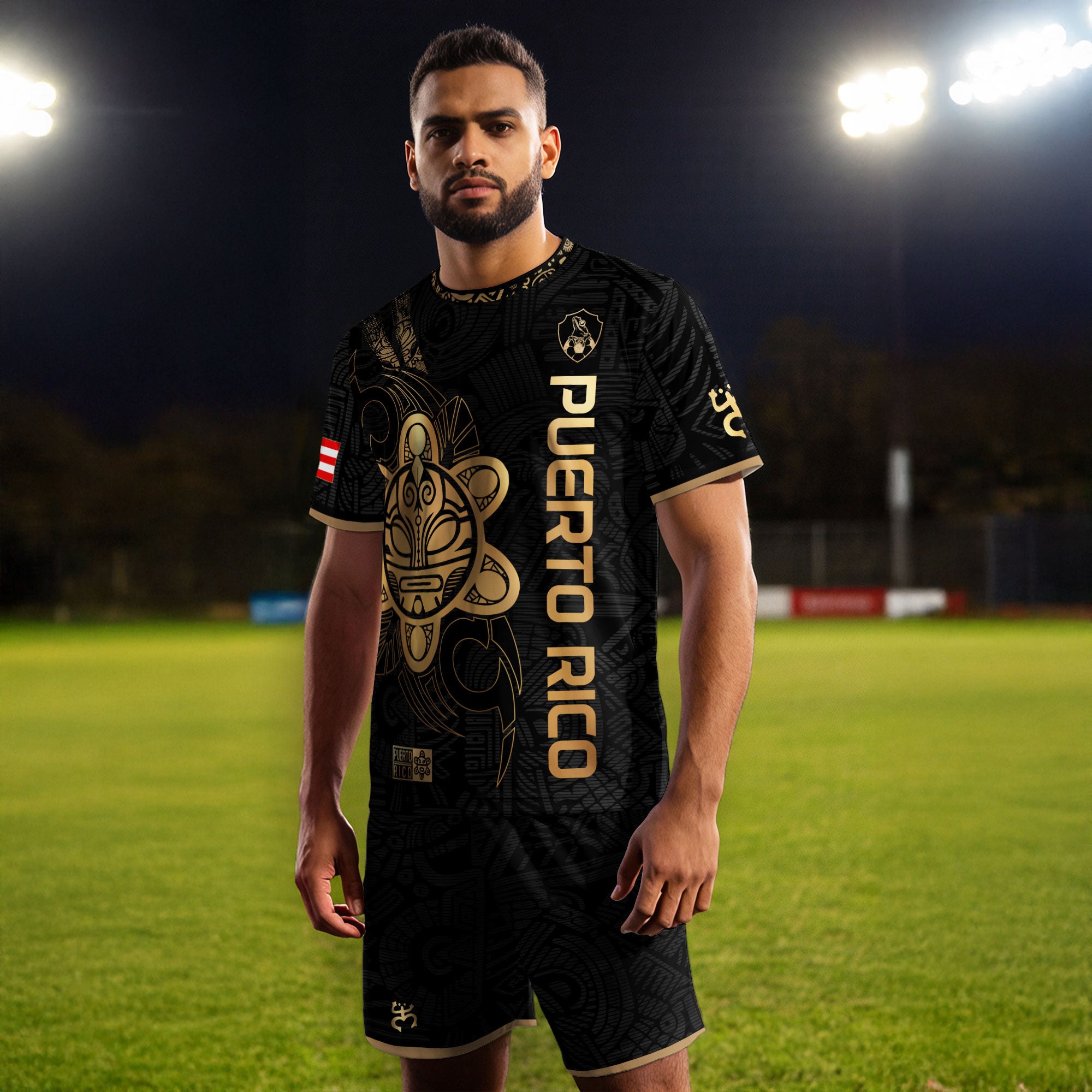 Camiseta de fútbol Puerto Rico Black Gold Side Taino Sun National Heritage Boricua Pride