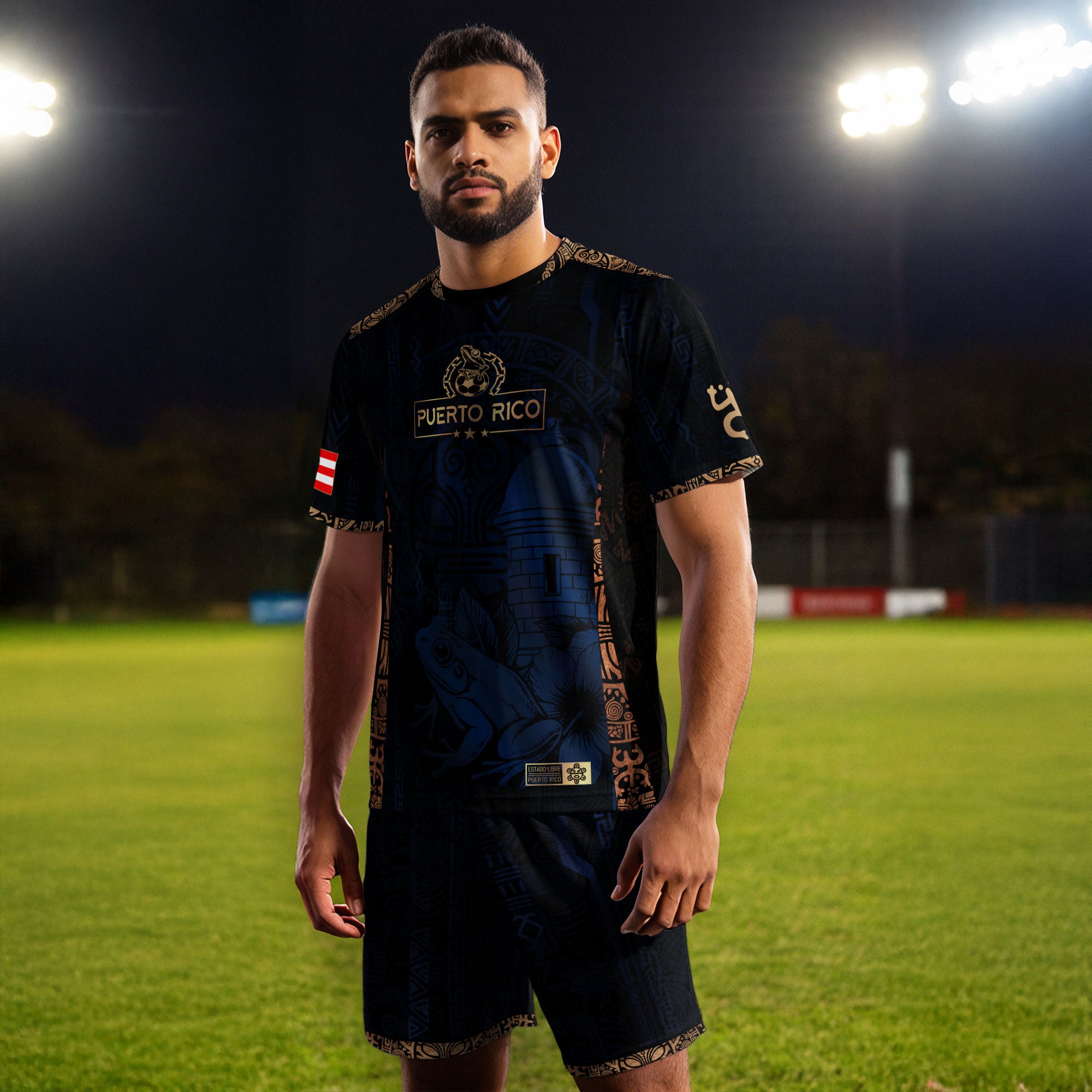 Puerto Rico Navy Gold Taino Sun National Heritage Floral Boricua Pride Soccer Jersey