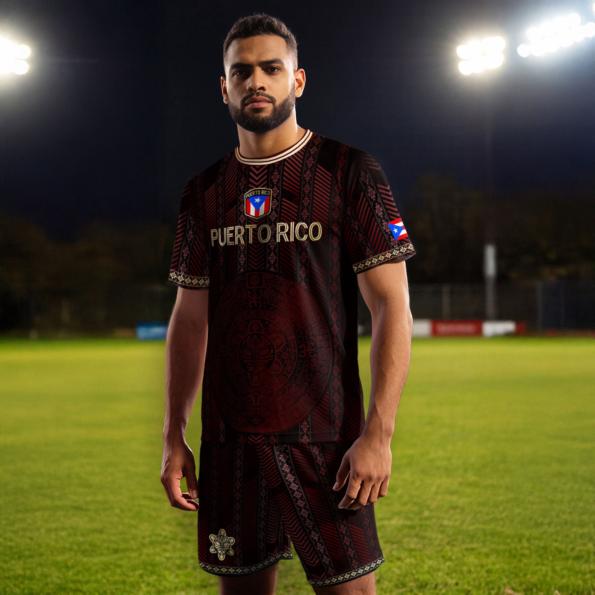 Puerto Rico Flag Maroon Gold Tribal Print National Heritage Sport Soccer Jersey