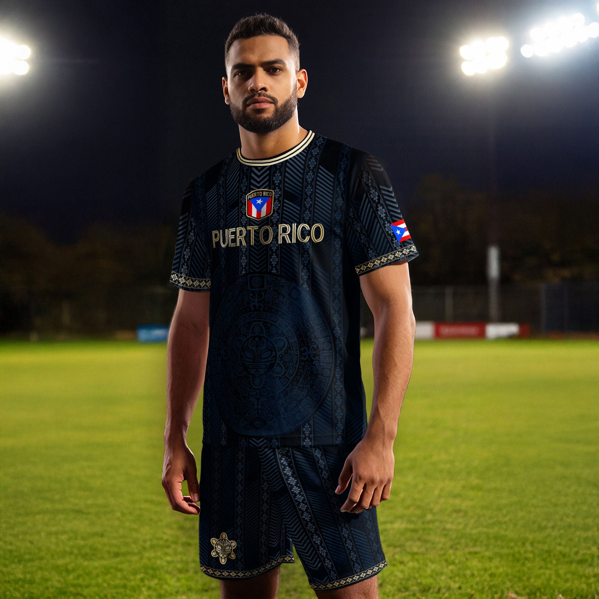 Camiseta de fútbol boricua de la herencia nacional tribal del sol taíno dorado de la marina de Puerto Rico