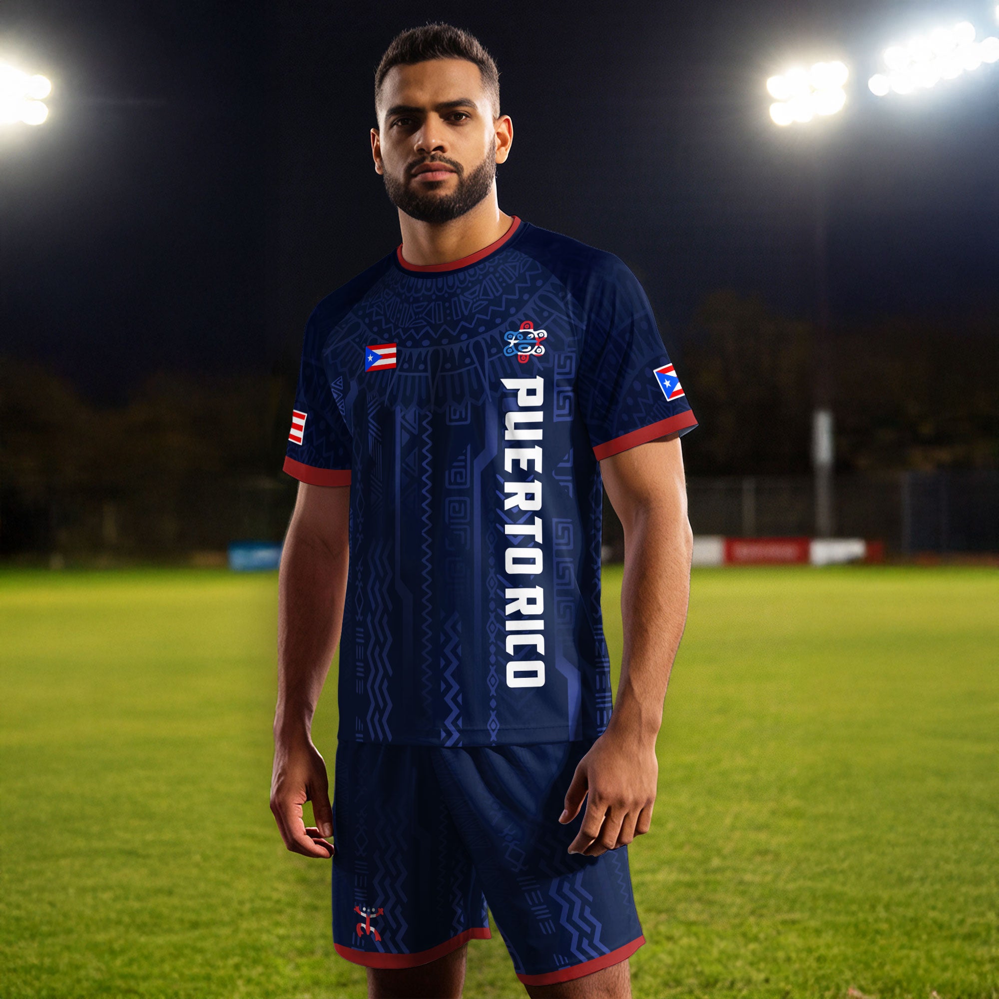 Puerto Rico Navy Red Boricua Taino Sun Coqui Frog Patriotic Tribal Soccer Jersey