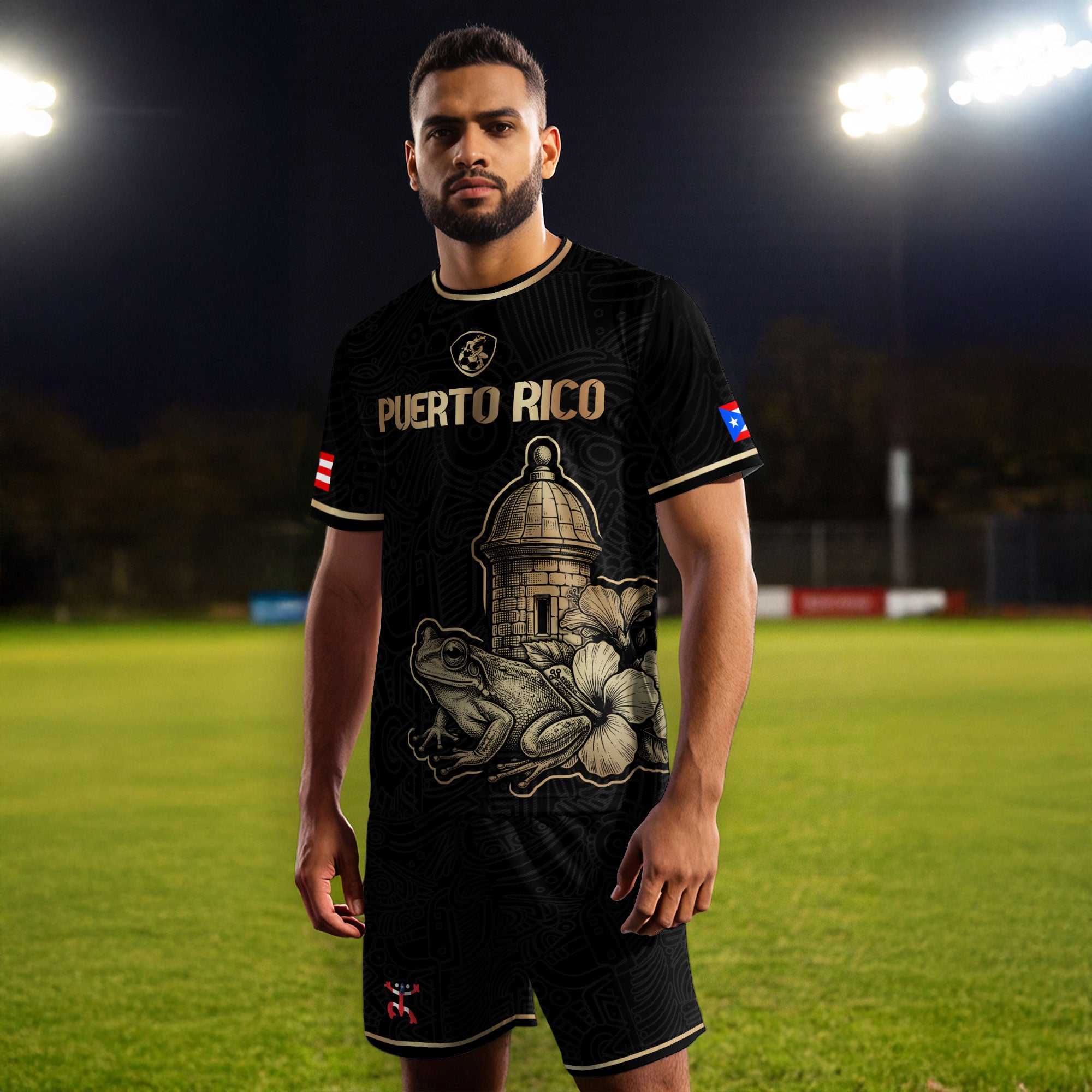 Puerto Rico Black Gold Boricua El Morro Coqui Frog Hibiscus Historical Soccer Jersey