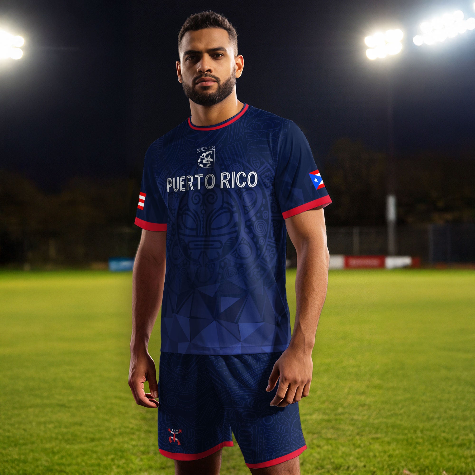 Puerto Rico Navy Red Boricua Taino Mask Coqui Frog Tribal National Heritage Camiseta de fútbol