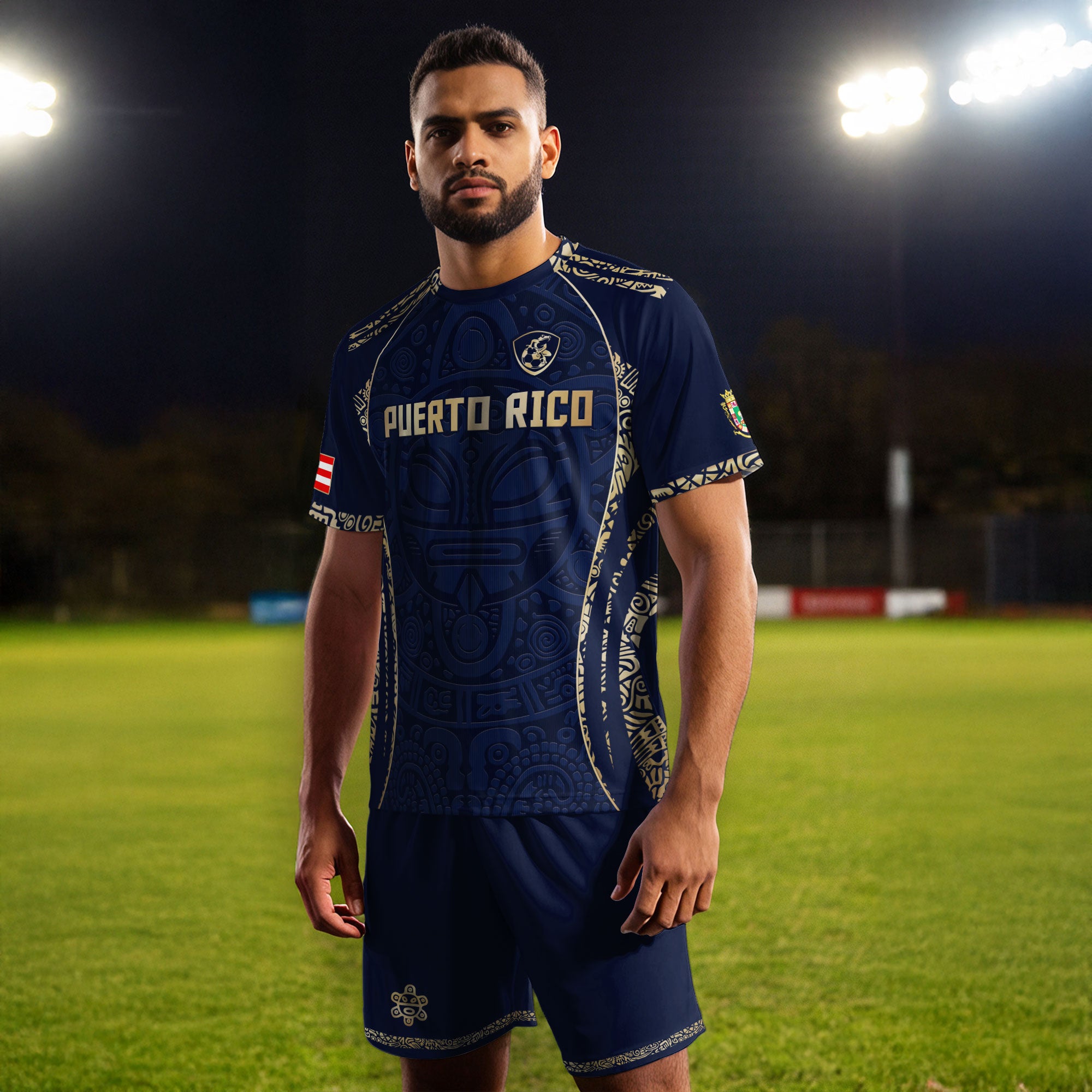 Puerto Rico Navy Blue Boricua Taino Mask Tribal Flag National Pride Heritage Soccer Jersey