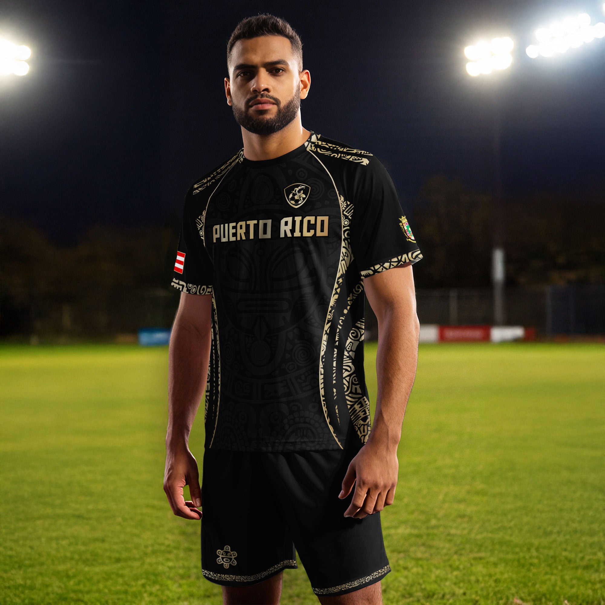 Camiseta de fútbol Puerto Rico Black Gold Boricua Taino Sun Mask Tribal National Pride Heritage