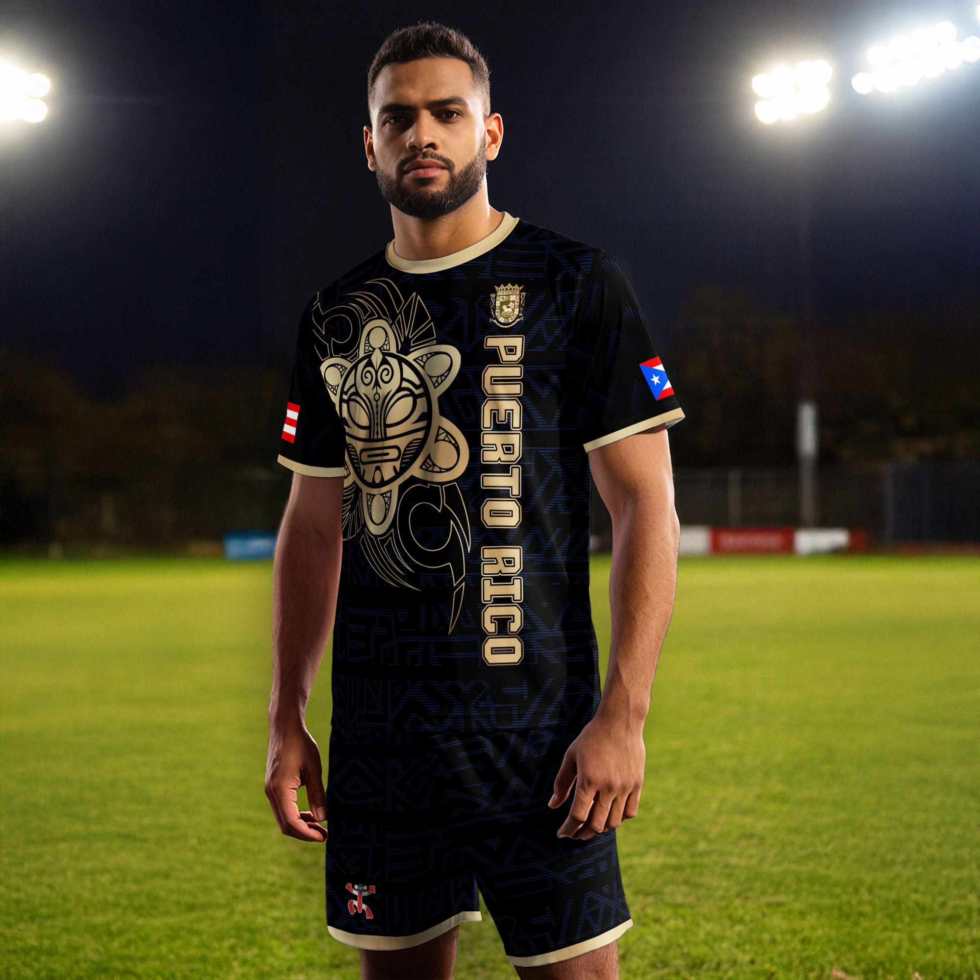 Puerto Rico Black Navy Gold Taino Sun God Island Heritage Tribal Pattern Soccer Jersey