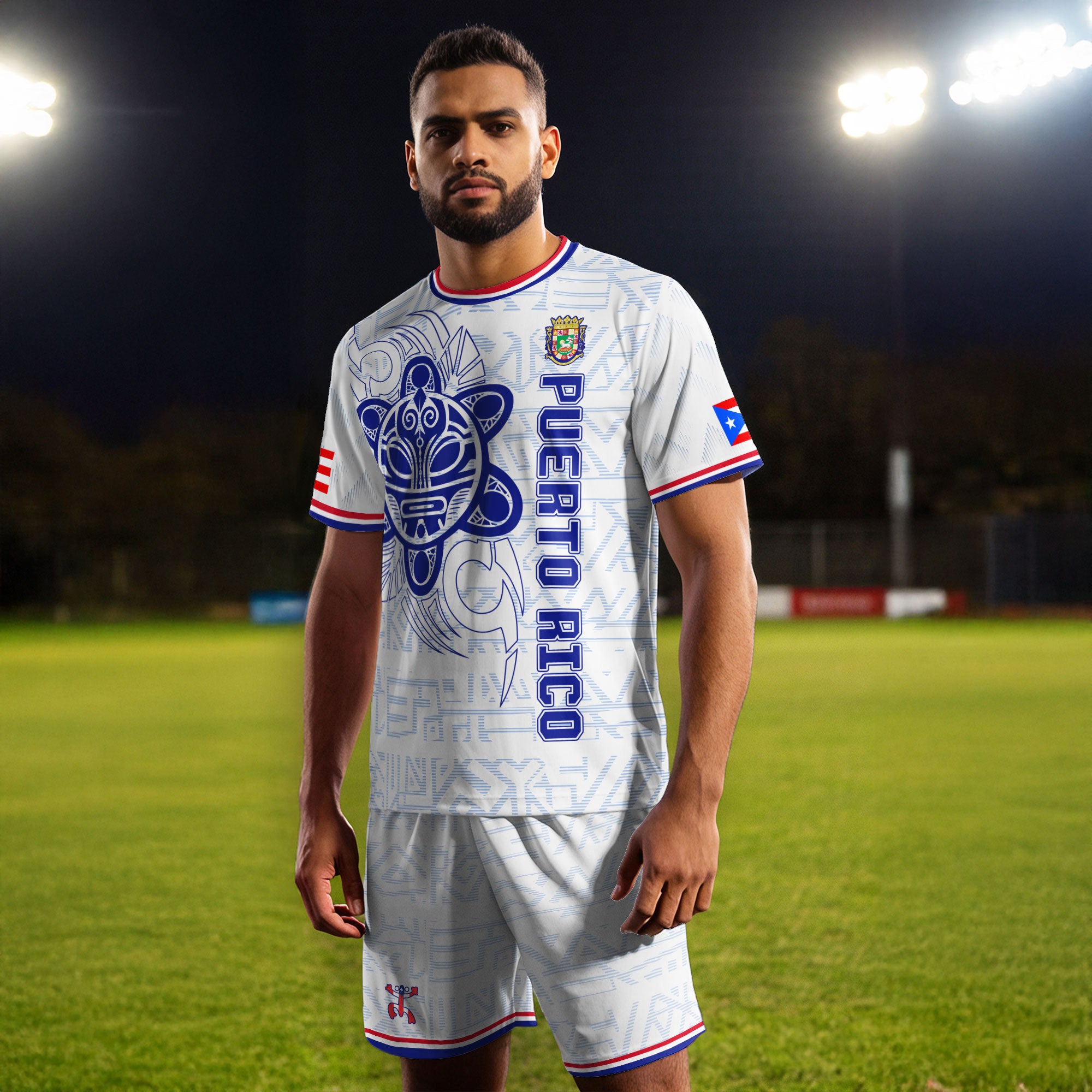 Camiseta de fútbol Puertorriqueña blanca y azul con la bandera boricua, sol taíno y coquí tribal del orgullo nacional