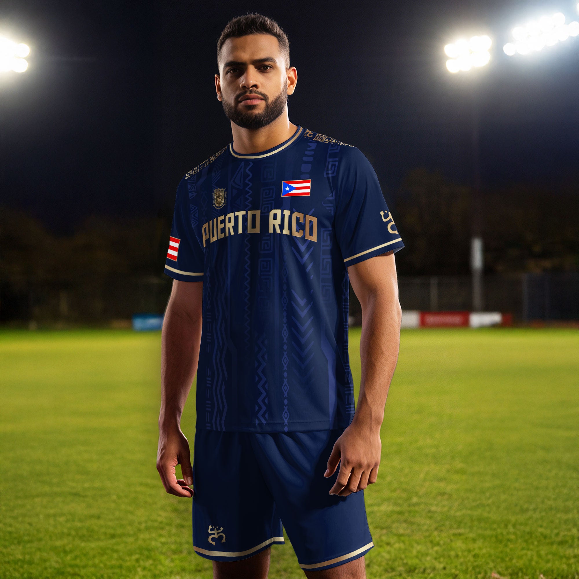 Puerto Rico Navy Gold Boricua Taino Sun Coqui Tribal Patriótico Cultural Fútbol Jersey