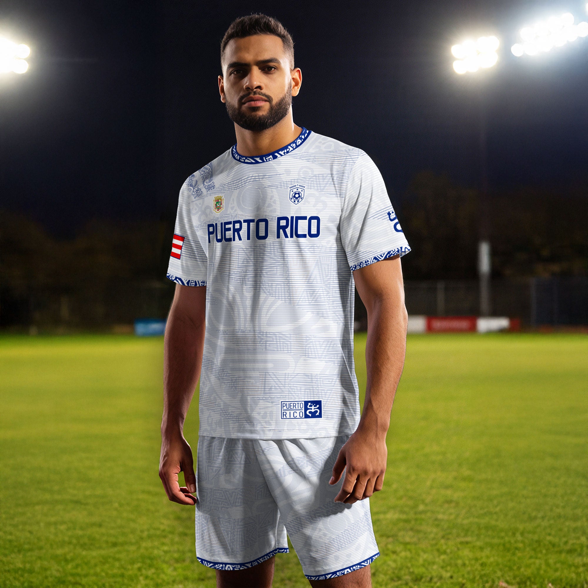 Puerto Rico White Blue Taino Tribal Pattern National Heritage Boricua Soccer Jersey
