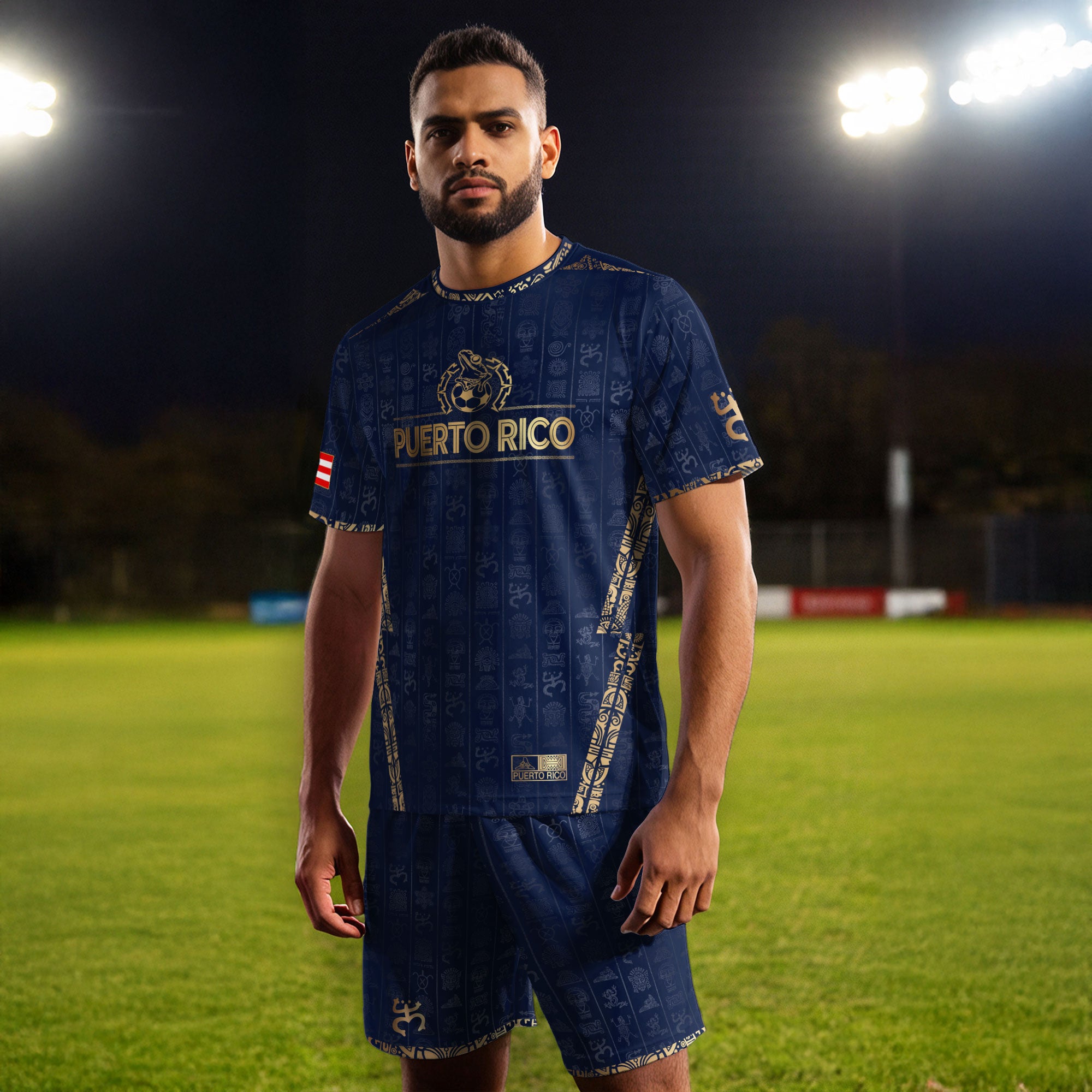 Camiseta de fútbol con el Sol Taino Dorado de la Marina de Puerto Rico, Patrimonio Nacional, Símbolos Boricuas