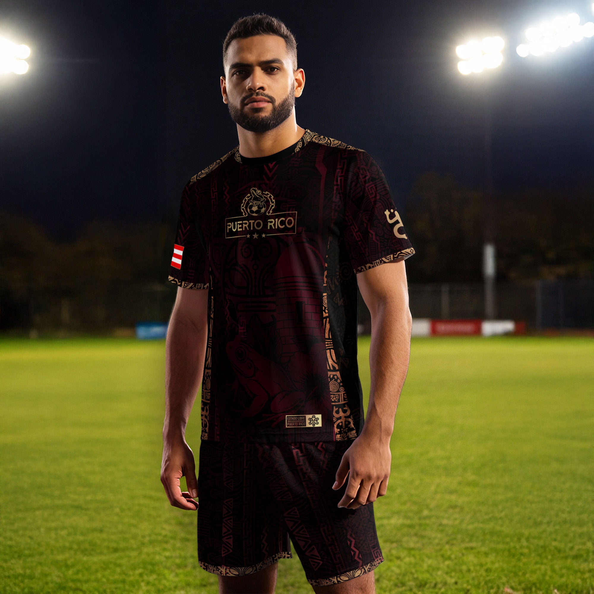 Puerto Rico Maroon Gold Heritage Taino Sun Boricua Coqui Frog Garita Camiseta de fútbol