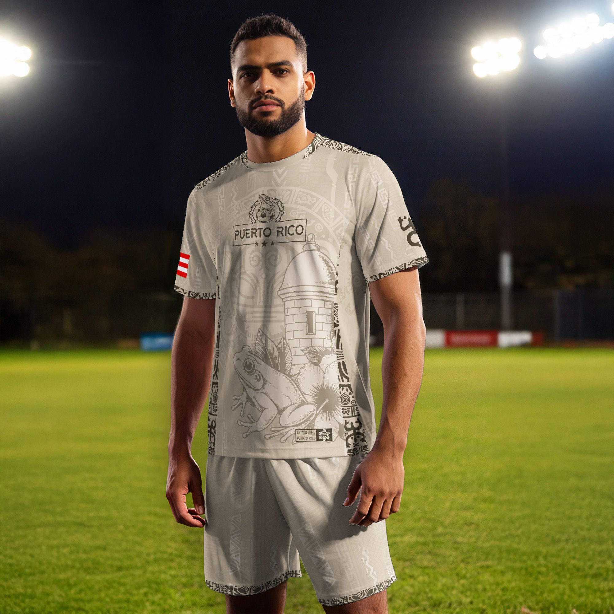 Puerto Rico Beige Gold Coqui Frog Floral Garita Taino Sun National Heritage Soccer Jersey