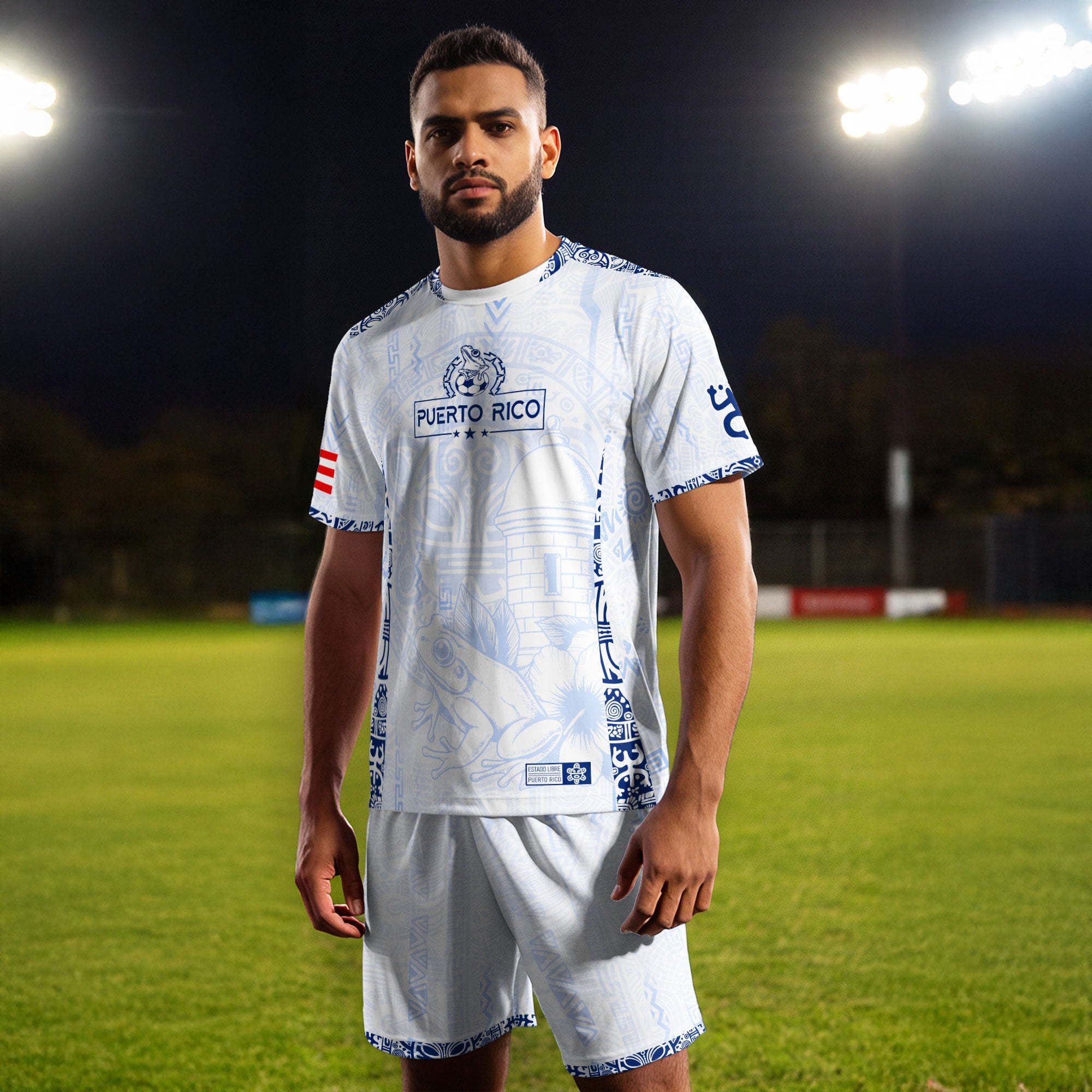 Puerto Rico Blanco Azul Coqui Rana Garita Floral Taino Sun National Heritage Soccer Jersey