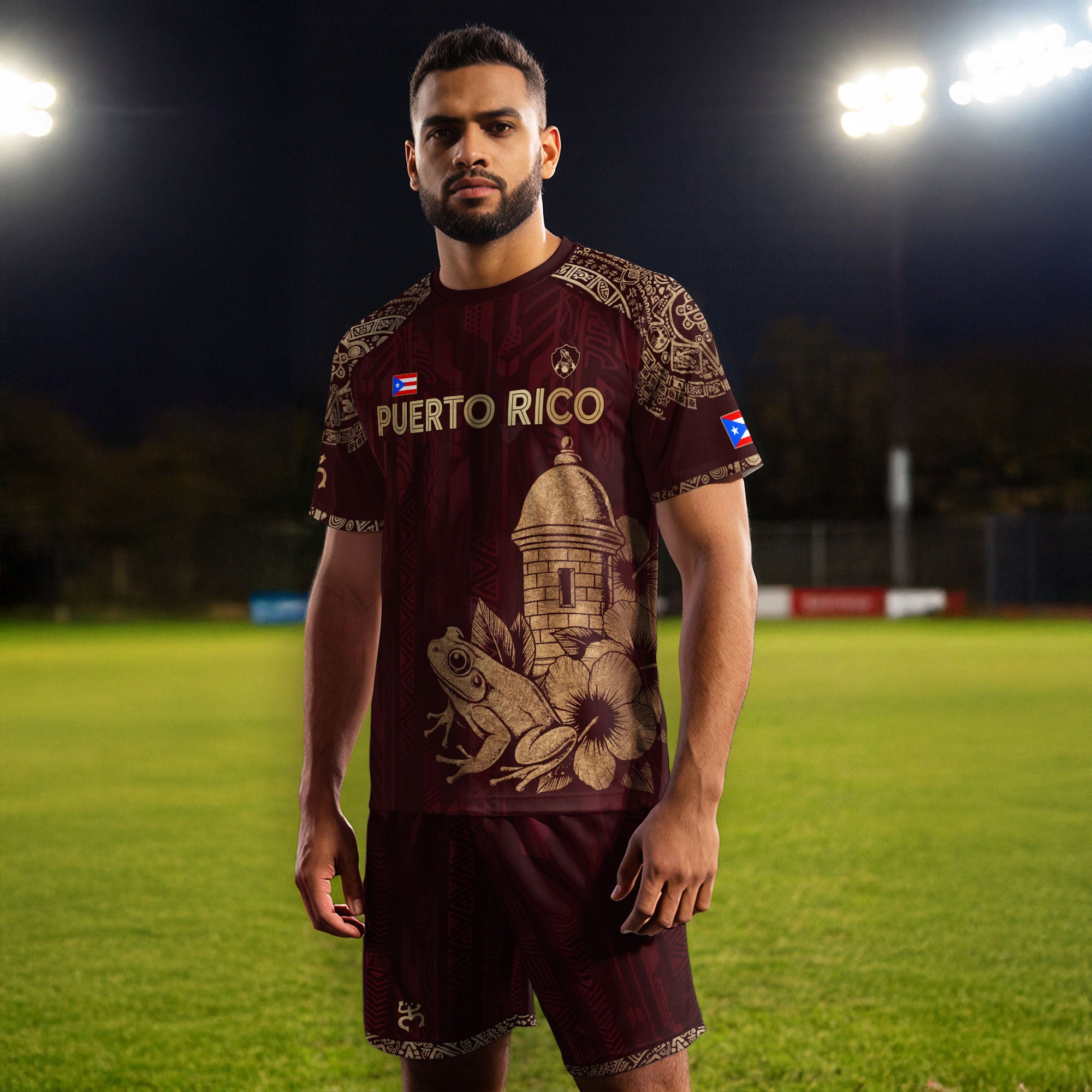 Puerto Rico Maroon Gold Coqui Frog Garita Floral Taino Sun National Heritage Camiseta de fútbol