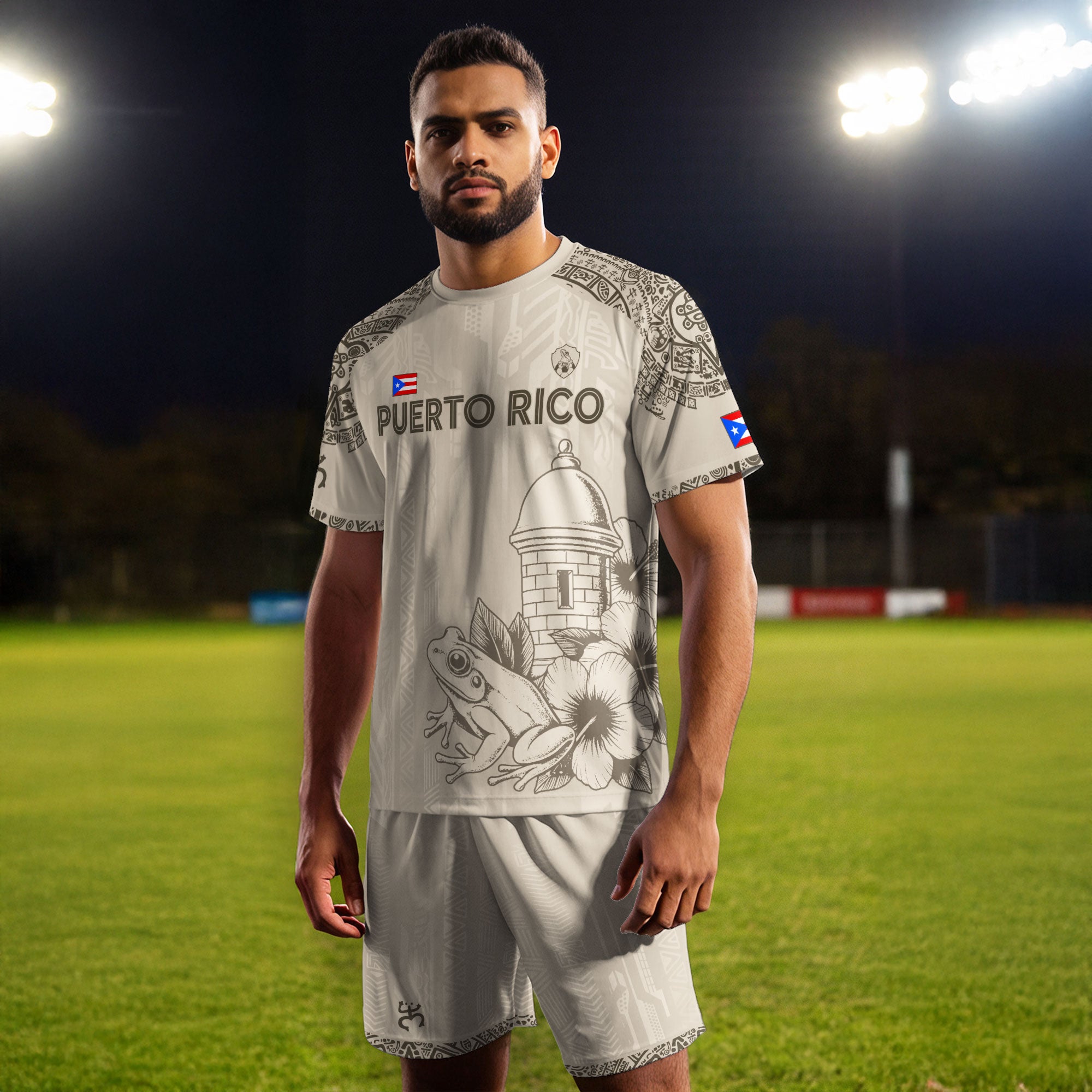 Puerto Rico Beige Oro Coqui Rana Garita Floral Taino Sol Patrimonio Nacional Camiseta de Fútbol