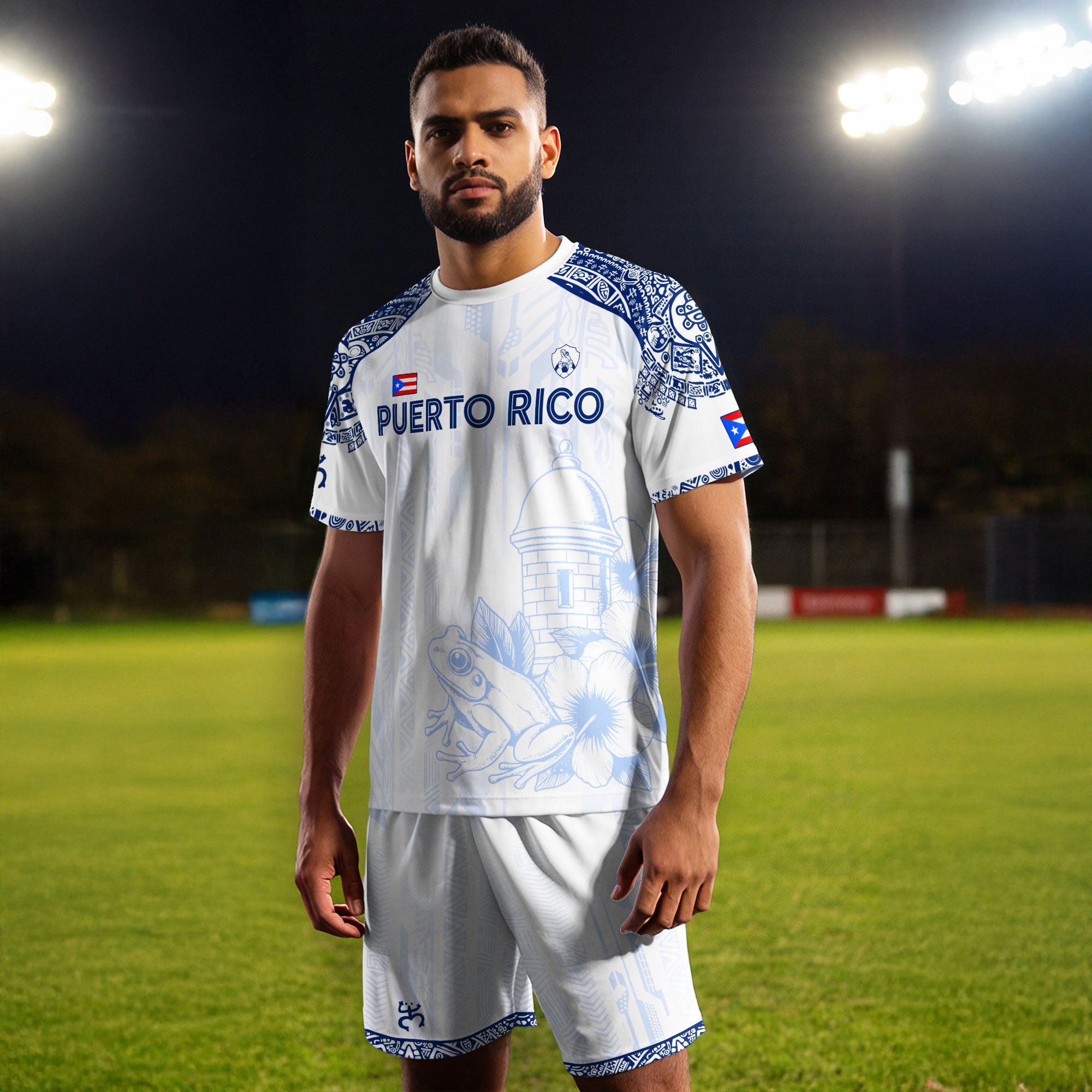 Puerto Rico White Blue Coqui Frog Floral Garita Taino Sun Island Heritage Soccer Jersey