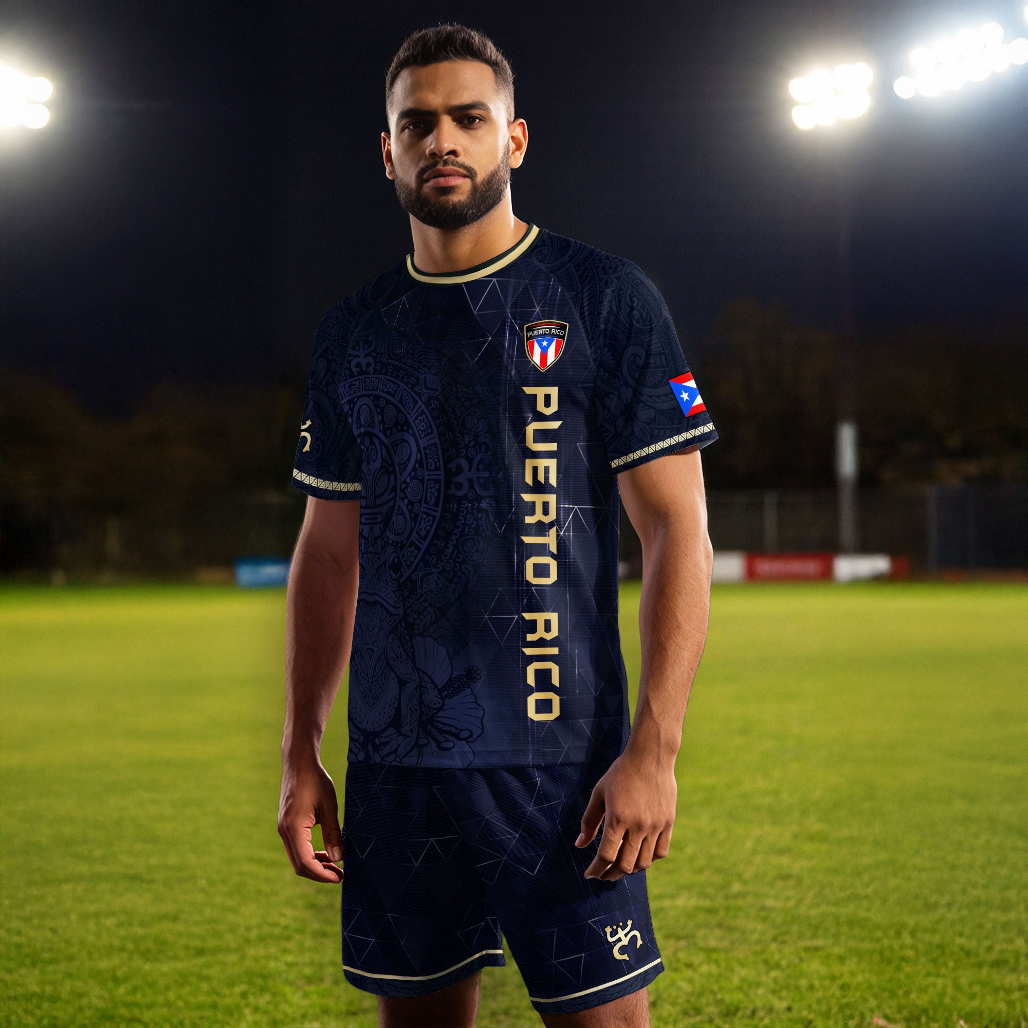 Puerto Rico Navy Gold Coqui Frog Floral Taino Sun National Heritage Soccer Jersey