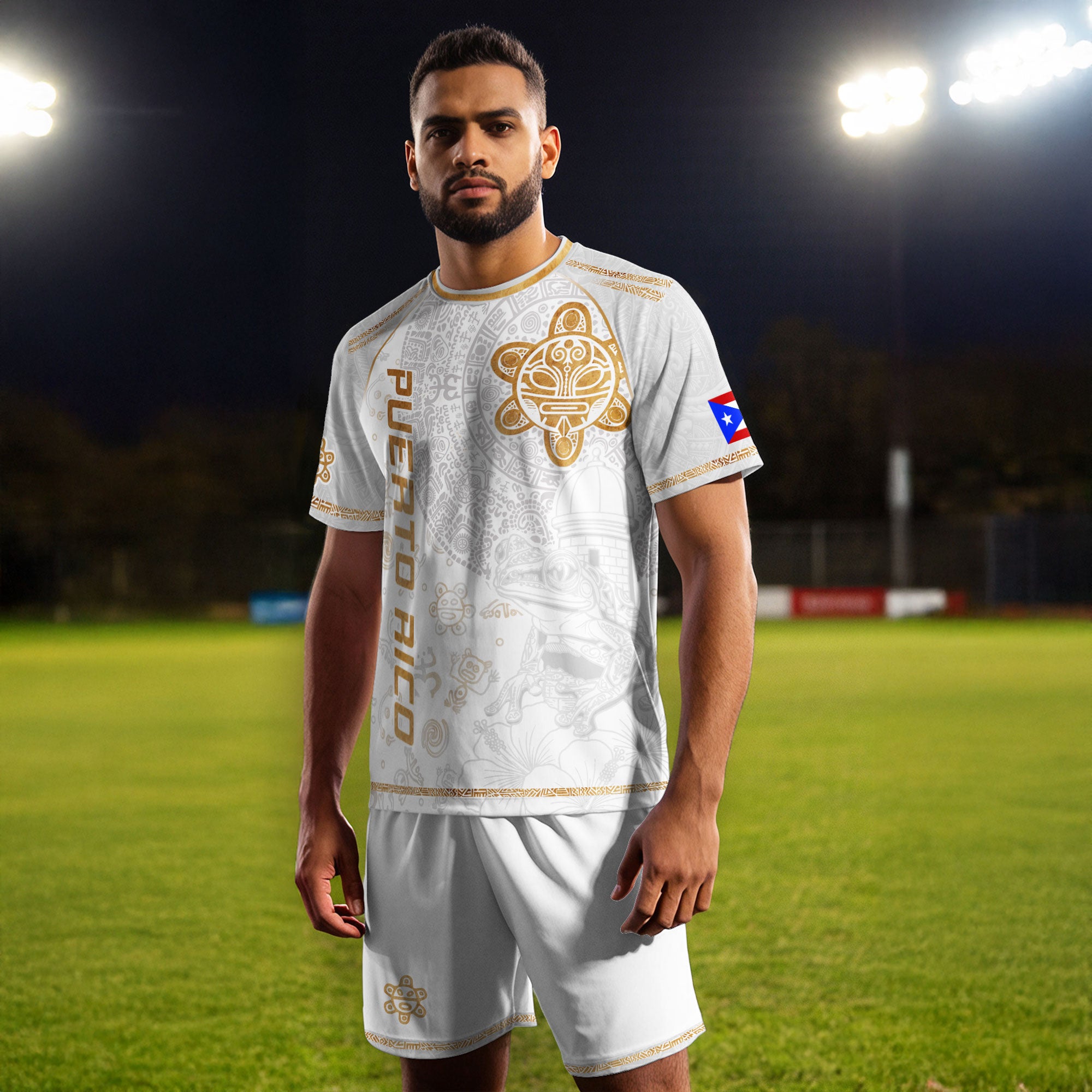 Camiseta de fútbol de la herencia nacional del sol taíno de Puerto Rico, rana coquí dorada blanca