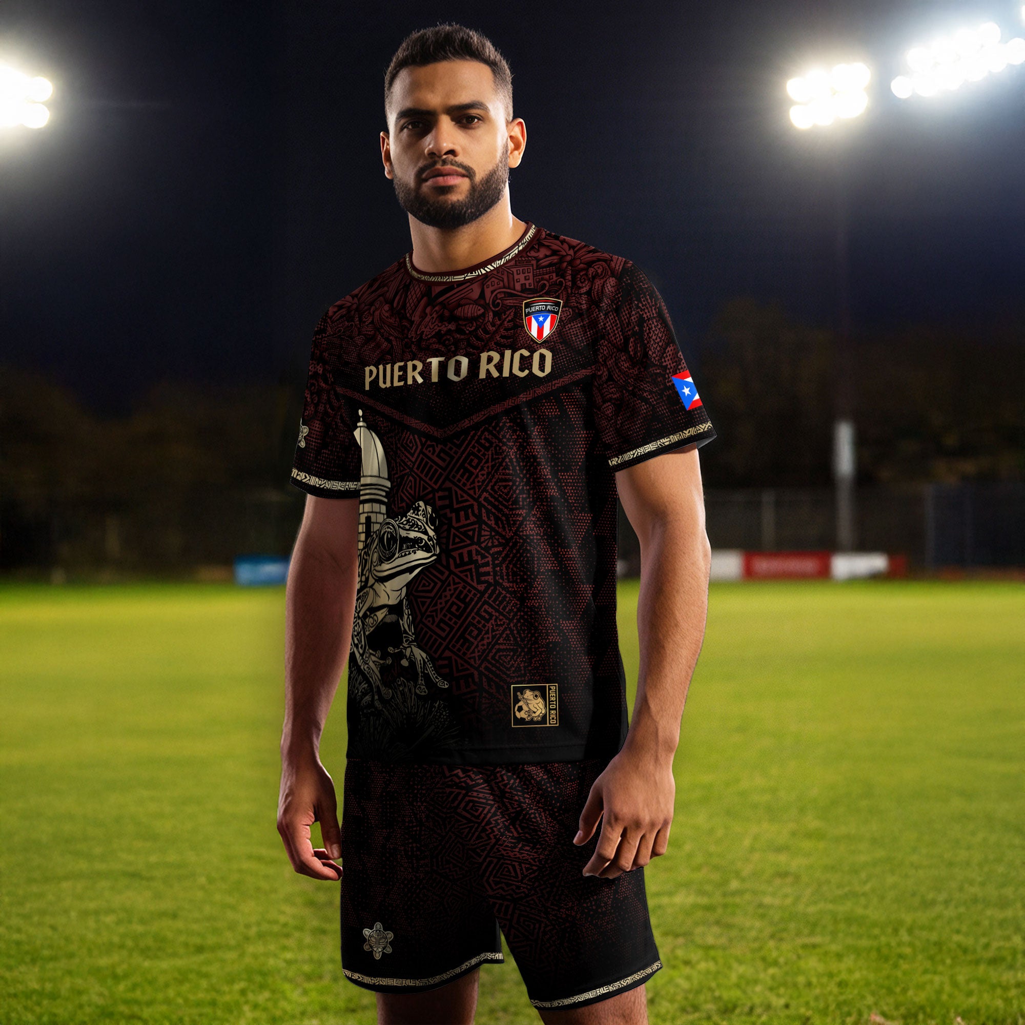 Puerto Rico Maroon Gold Coqui Frog Garita Taino Sun National Heritage Soccer Jersey