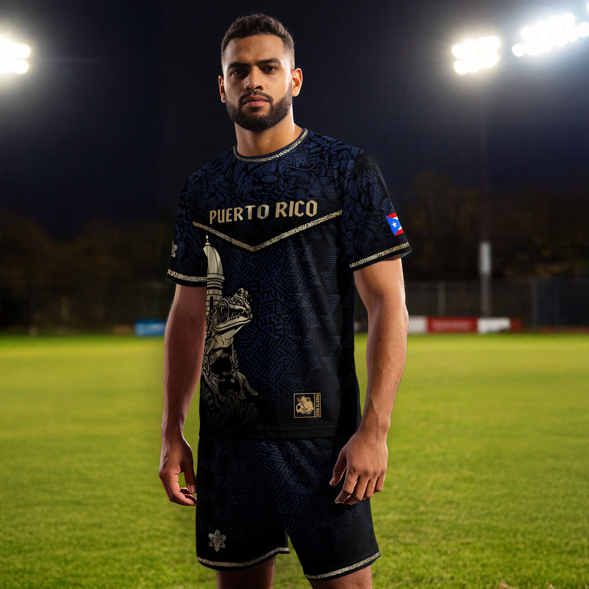 Puerto Rico Navy Gold Coqui Frog Garita Taino Sun National Heritage Camiseta de fútbol