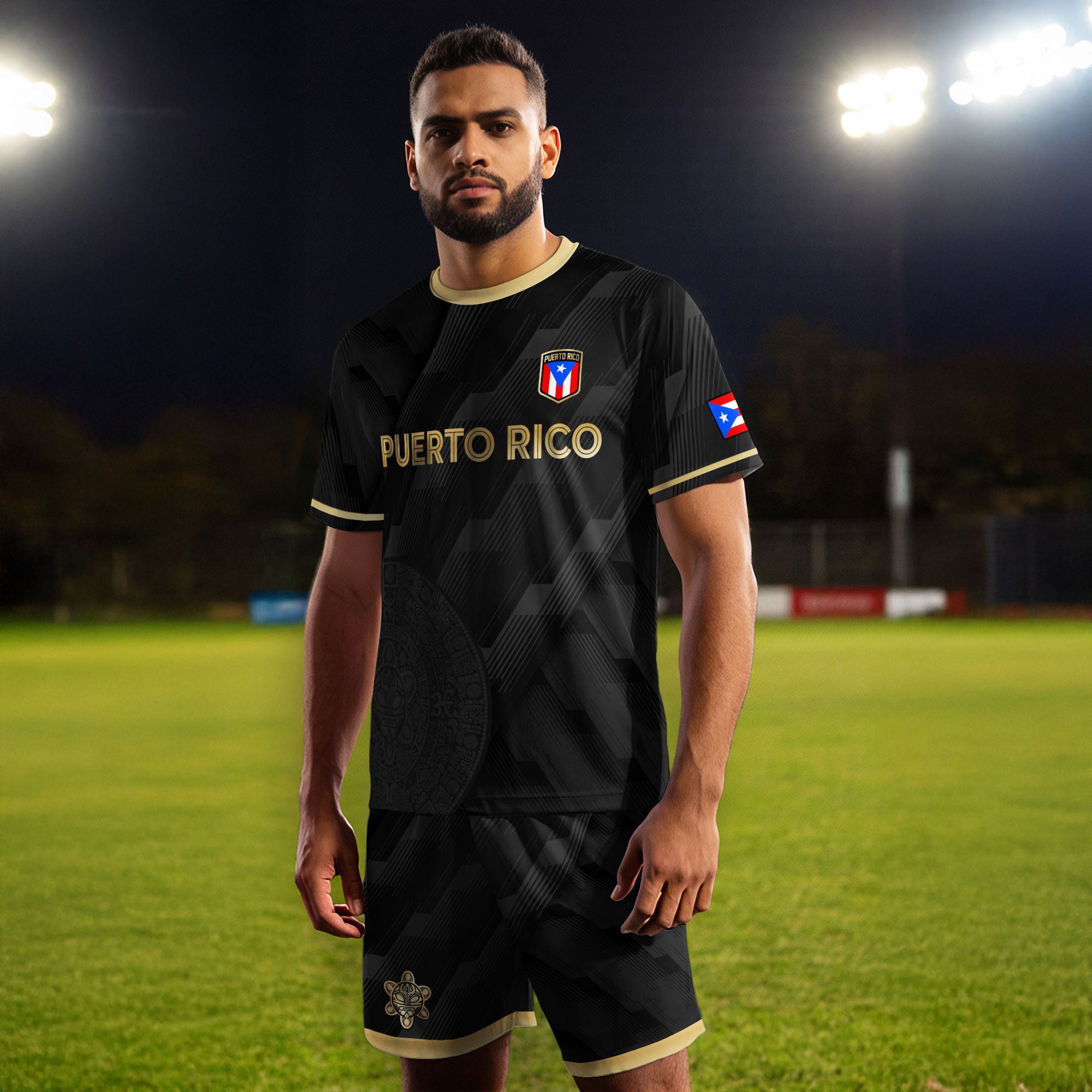 Puerto Rico Flag Boricua Taino Tribal Mask Gold Black National Pride Soccer Jersey
